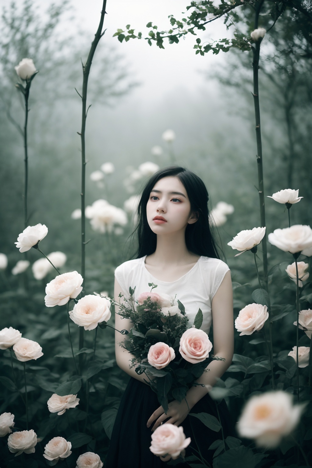 1girl,upper body,solo,melancholic,melancholy,nostalgic,a sense of solitude,petals,Surrealistic imagery,dreamlike atmosphere,vibrant and contrasting colors,intricate and detailed elements,outdoors,