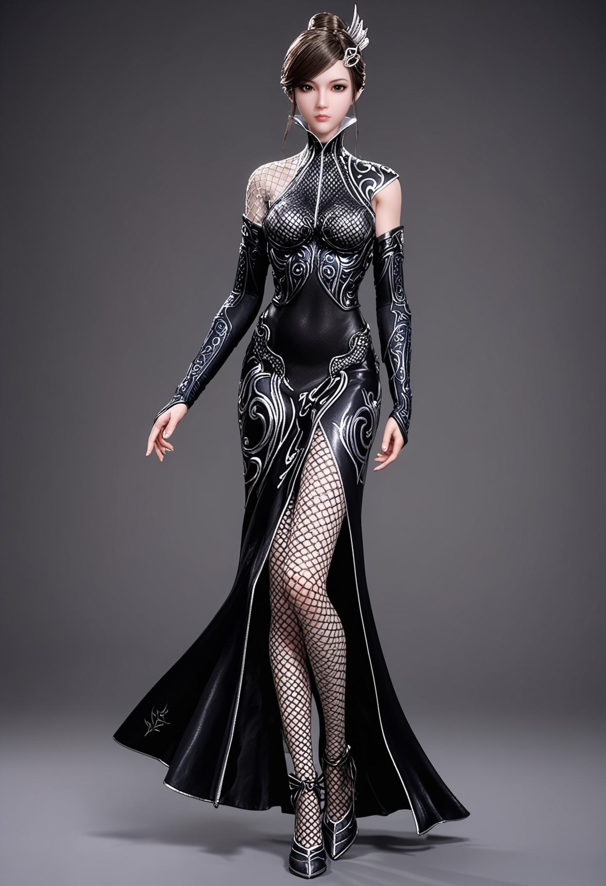 (standing full_body:1.1),(looking at viewer:1.1),facing viewer,direct gaze,<lora:YQ_pony_chudaijingni_V4:0.8>,q1528437228,1girl,solo,black hair,brown hair,hair ornament,lips,armor,fishnet pantyhose,black eyes,hair bun,brown eyes,high heels,dress,short hair,bodysuit,gloves,single hair bun,swept bangs,black dress,sidelocks,high collar,chainmail,detached sleeves,elbow gloves,bridal gauntlets,BREAK simple background,pure black background,black background,perfect anatomy,