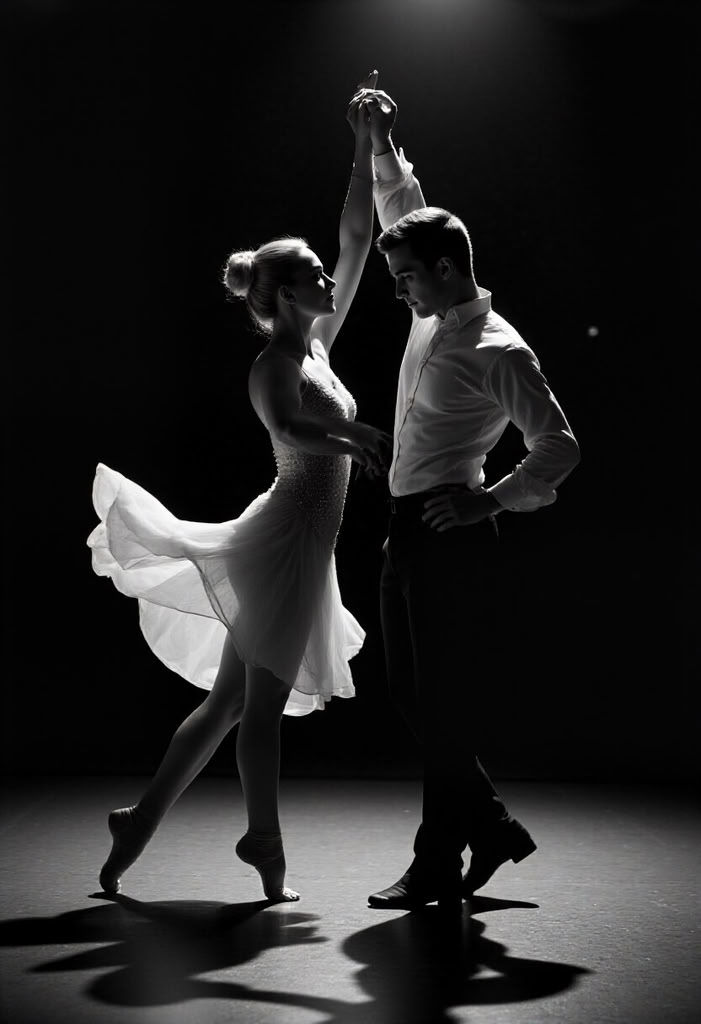 analog_feel,  This black-and-white photograph captures a silhouetted dance couple in mid-performance against a dark,  almo...