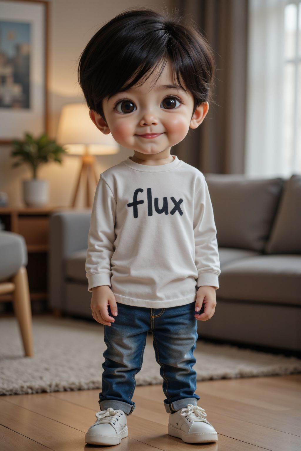 HDR photo of cinematic film still,solo,looking at viewer,smile,shirt,black hair,long sleeves,1boy,brown eyes,standing,full body,white shirt,male focus,shoes,pants,indoors,denim,sneakers,child,clothes writing with the words"flux",jeans,realistic,male child,chibi,