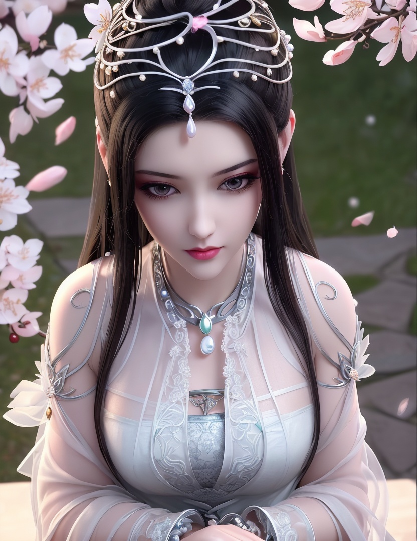 ultra realistic 8k cg, picture-perfect face, flawless, clean, masterpiece, professional artwork, famous artwork, cinematic lighting, cinematic bloom, perfect face, beautiful face, fantasy, dreamlike, unreal, science fiction,   lace, lace trim, lace-trimmed legwear,  (rich:1.4), prestige, luxury, jewelry, diamond, gold, pearl, gem, sapphire, ruby, emerald, intricate detail, delicate pattern, charming, alluring, seductive, erotic, enchanting, hair ornament, necklace, earrings, bracelet, armlet,halo((,1girl, pov,))  , ((((1girl, solo, ,cherry blossoms,outdoors, ))))<lora:DA_LinQingZhu:0.7>