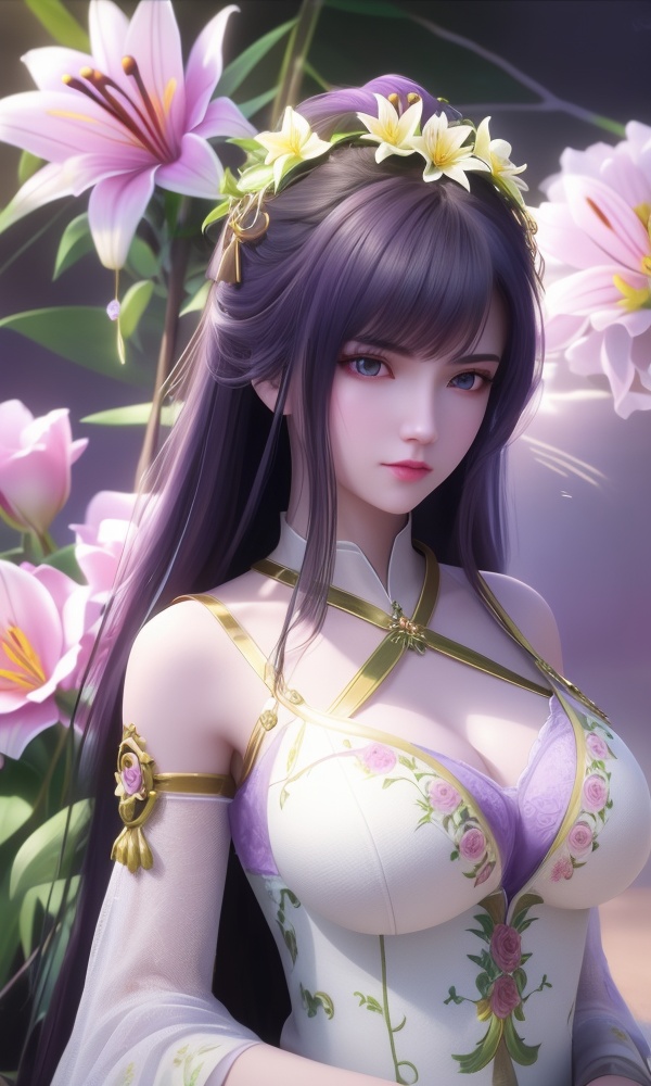 (,1girl, ,best quality, ),looking at viewer, <lora:404-DA-仙逆-凤栾:0.8> ,ultra detailed 8k cg,ultra detailed background,ultra realistic 8k cg,1girl, solo,(bare shoulders:0.85),(masterpiece, best quality),((oil painting style)),sexy young lady,(beautiful face and eyes),(upper body:1.5),(whole body:1.05),(single person:1.2),surrounded by flowers, (lily), roses, floret, vegetation, white, purple, purplish pink,Impressionism,colorful,(Breast size:1.3),(()),