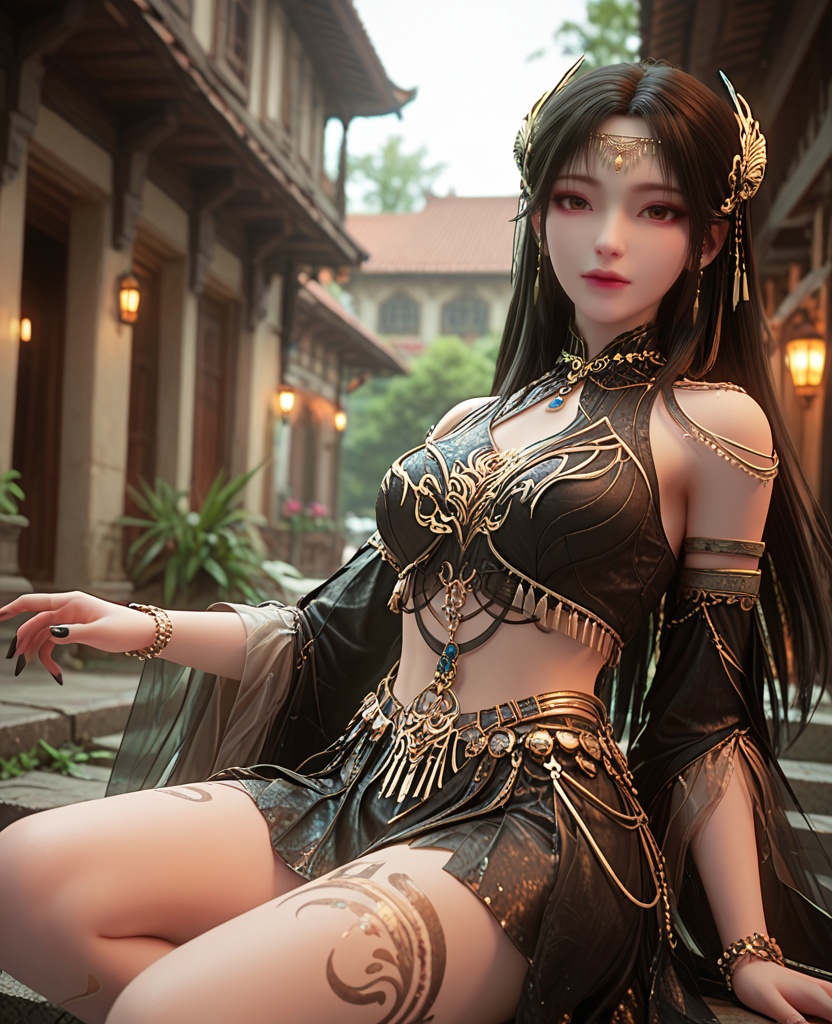 (oriental architecture, elegant decor, sophisticated style:1.1),sitting on person,(breasts:1.2),<lora:XL完美世界灰烬:0.85>,miss huijin,solo,black silk corset,detached chiffon sleeves,black chiffon overskirt,brown eyes,black hair,long hair,circlet,head chain,jewelry,leg tattoo,lips,, zPDXL2, score_9, score_8_up, score_7_up BREAK realistic, masterpiece,best quality, highly detailed,, zPDXL3, zPDXL2,zPDXL, zPDXLxxx, zPDXLrl,