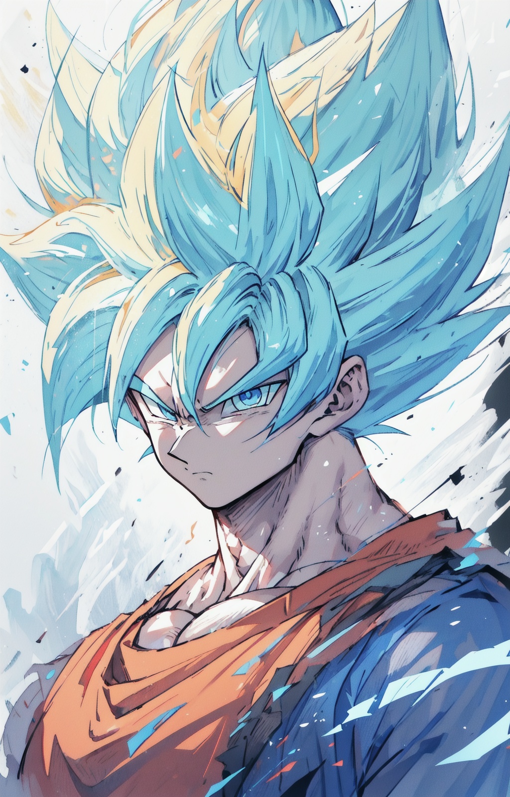((best quality)), masterpiece, ((ultra-detailed)), illustration, 8k wallpaper, ((extremely detailed CG unity 8k wallpaper)), (extremely detailed eyes and face), huge filesize, game cg, songoku, super saiyan, 1boy, male focus, solo, blonde hair, aura, dougi, looking at viewer, spiked hair, serious, super saiyan 1, blue eyes, muscular, upper body, electricity, closed mouth, muscular male