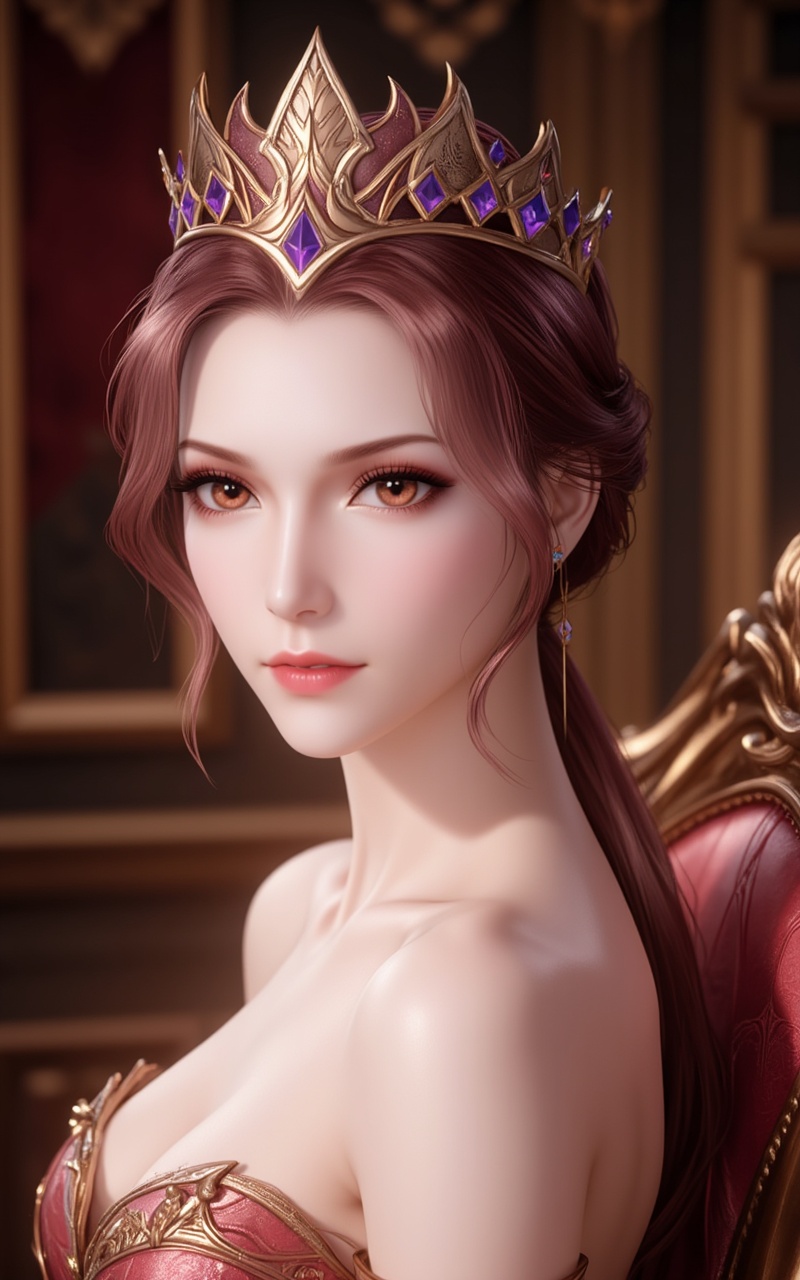<lora:比比东·泛化版8:1.2>,bibidong,brown hair,brown eyes,pony-tail,low ponytail,looking at viewer,crown,jewelry,cover,gradient background,close-up details,outstanding style,adding a touch of dimension to your images without compromising details,close-up,<lora:DJ滤镜_2.5D版:0.3>,lvjing,<lora:油画唯美滤镜15:0.2>,baoshi,chair,