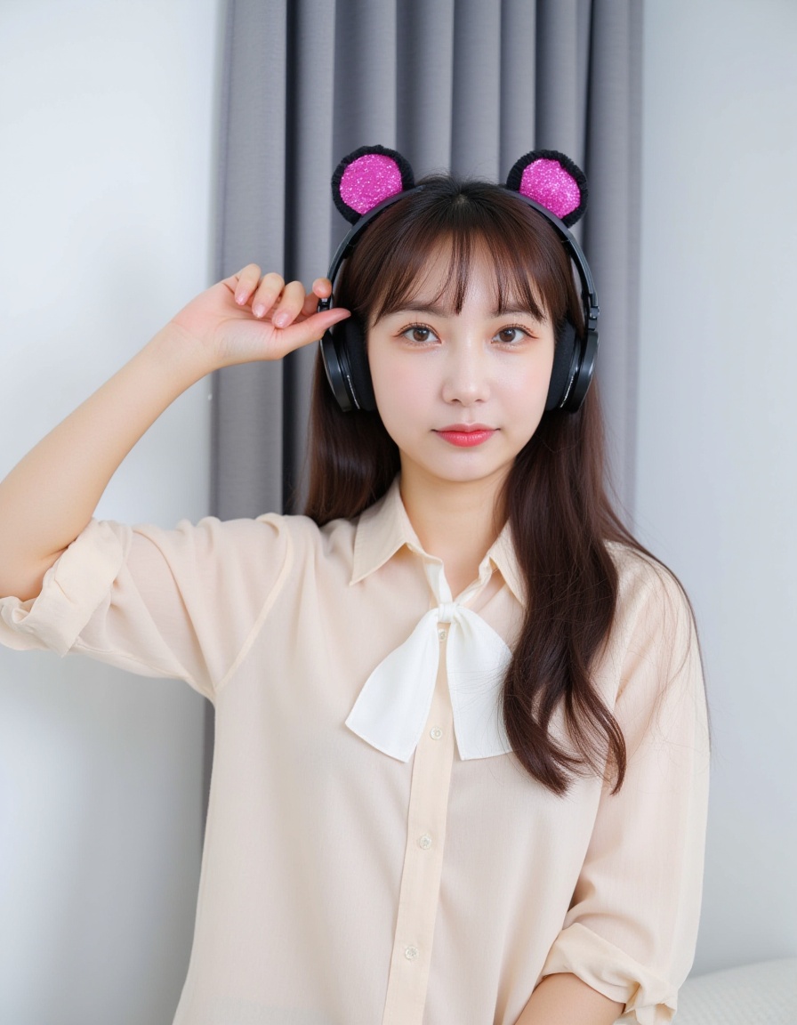 a medium-sized Asian girl with long dark brown hair,  wearing a light-colored blouse with a white bow at the neck,  is wea...