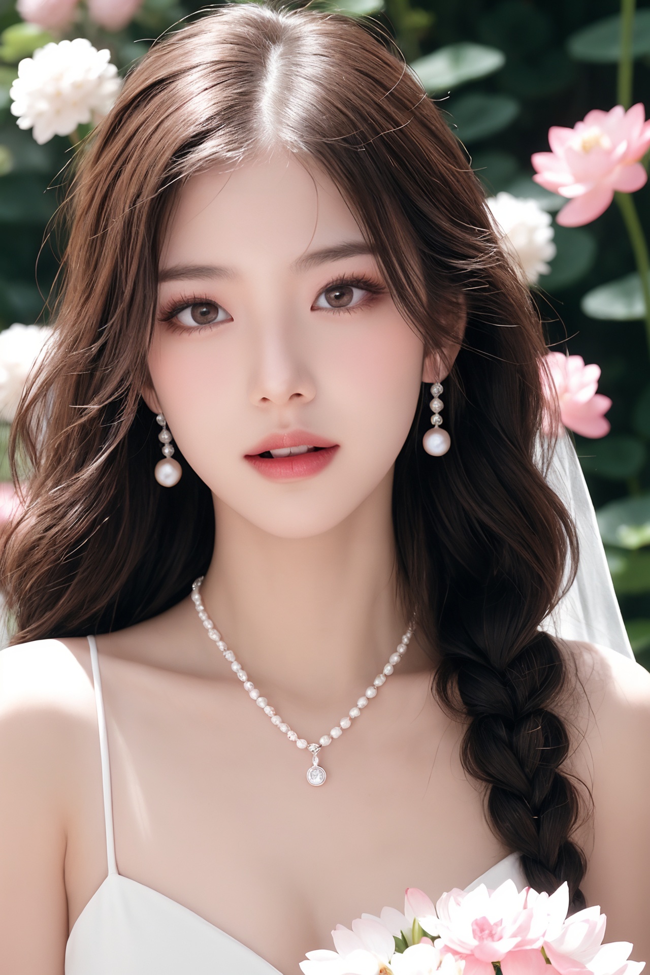 1girl, bouquet, braid, brown hair, daisy, dandelion, earrings, flower, flower field, holding flower, hydrangea, jewelry, lily \(flower\), lips, long hair, lotus, necklace, open mouth, pearl necklace, pink flower, realistic, ring, solo, teeth, wedding band, wedding ring, white flower <lora:国际超模脸1.0:0.8>