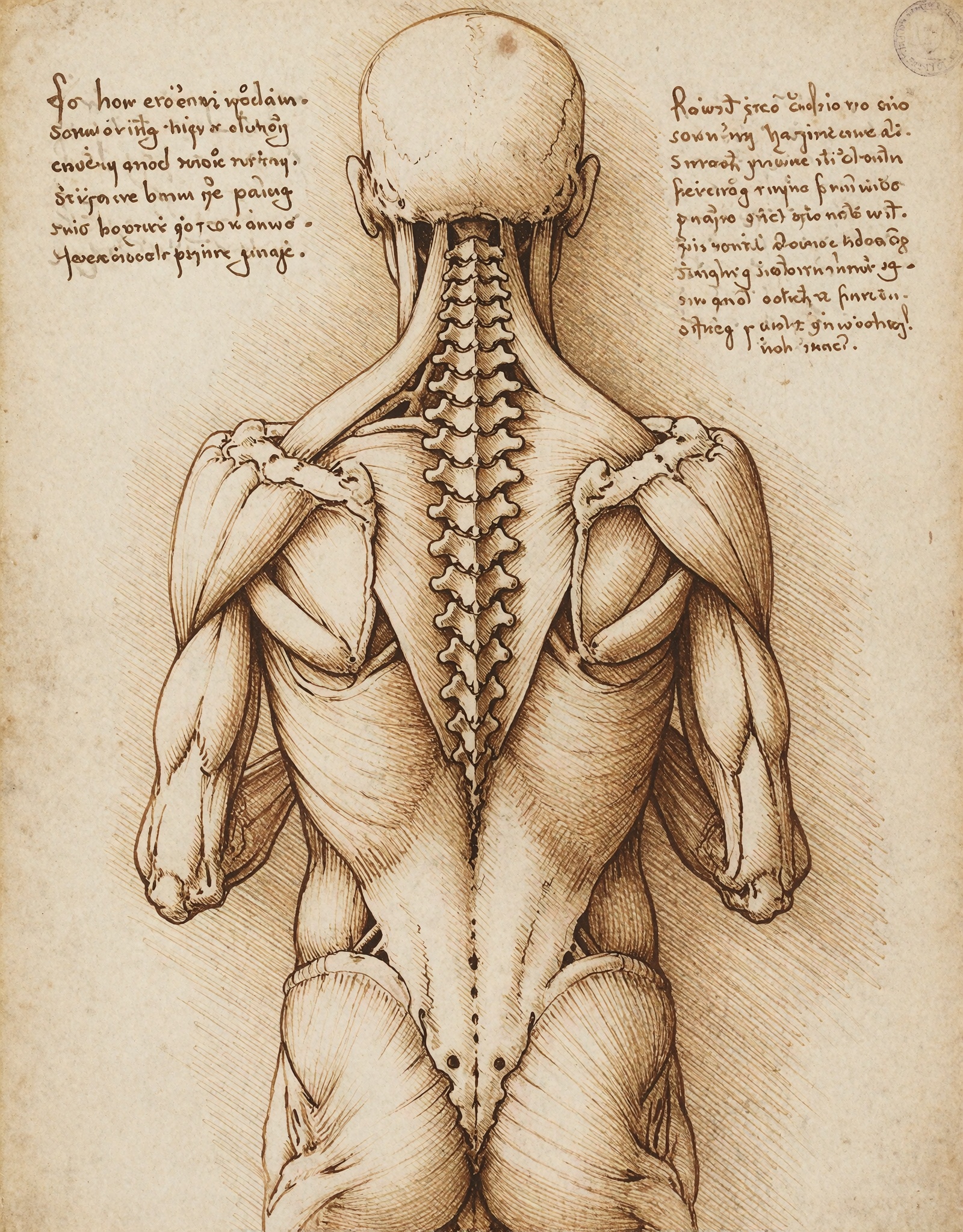 In the style of Leonardo da Vinci,  an anatomical study of the human spine and musculature,  sepia ink drawing with delica...
