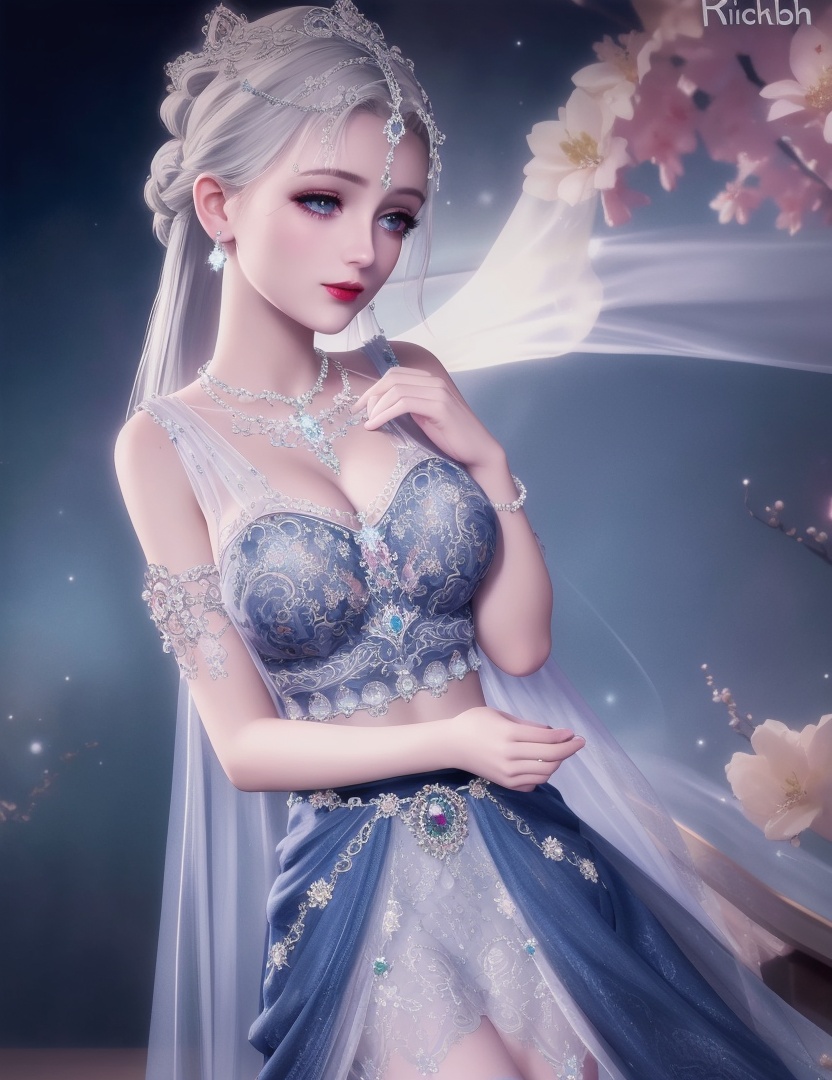 ultra realistic 8k cg, picture-perfect face, flawless, clean, masterpiece, professional artwork, famous artwork, cinematic lighting, cinematic bloom, perfect face, beautiful face, fantasy, dreamlike, unreal, science fiction, huge breasts, beautiful clothes, lace, lace trim, lace-trimmed legwear, (rich:1.4), prestige, luxury, jewelry, diamond, gold, pearl, gem, sapphire, ruby, emerald, intricate detail, delicate pattern, charming, alluring, seductive, erotic, enchanting, hair ornament, necklace, earrings, bracelet, armlet,halo ((,1girl:1.5,   solo, ))<lora:DA_NikkiChangEr2.0:0.6>