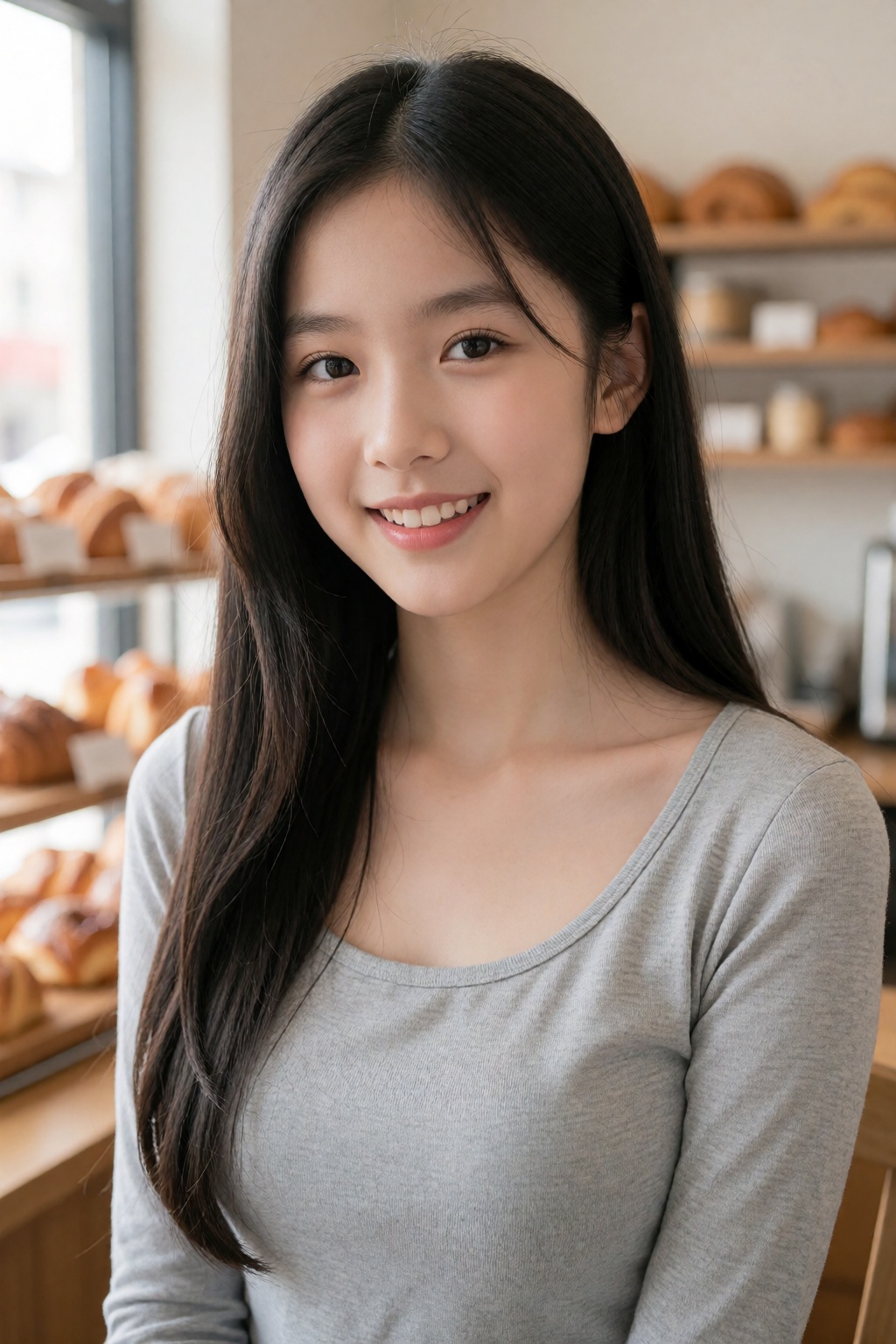 A photograph of a young East Asian woman with long,  straight black hair and fair skin,  smiling warmly. She wears a light...
