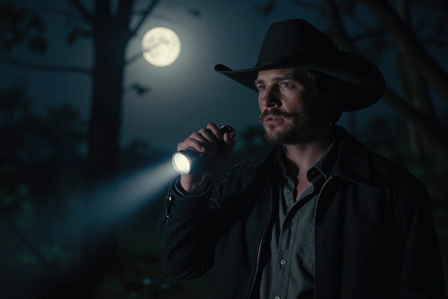 cinematic film still of photorealistic:1,  A cinematic moonlight film scene of a man in a hat holding a flashlight in the...