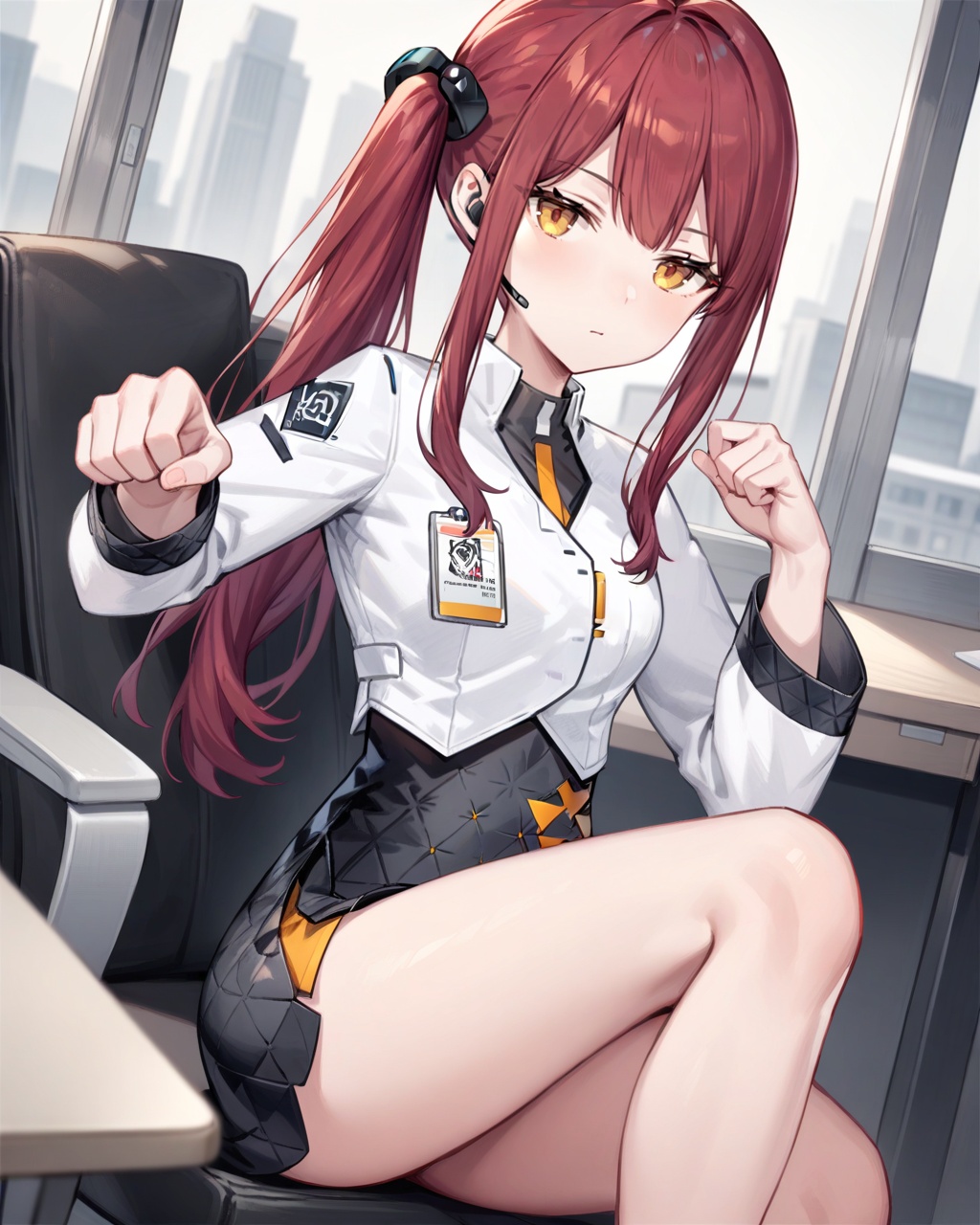 masterpiece,best quality,office,expressionless,sitting,looking at viewer,punching towards viewer,<lora:kaluolin_xl:0.7>,kaluolin,1girl,solo,skirt,long hair,black skirt,long sleeves,shirt,white jacket,yellow eyes,side ponytail,white shirt,red hair,earpiece,bow,hair bow,high-waist skirt,bangs,headset,jacket,collared shirt,sidelocks,miniskirt,