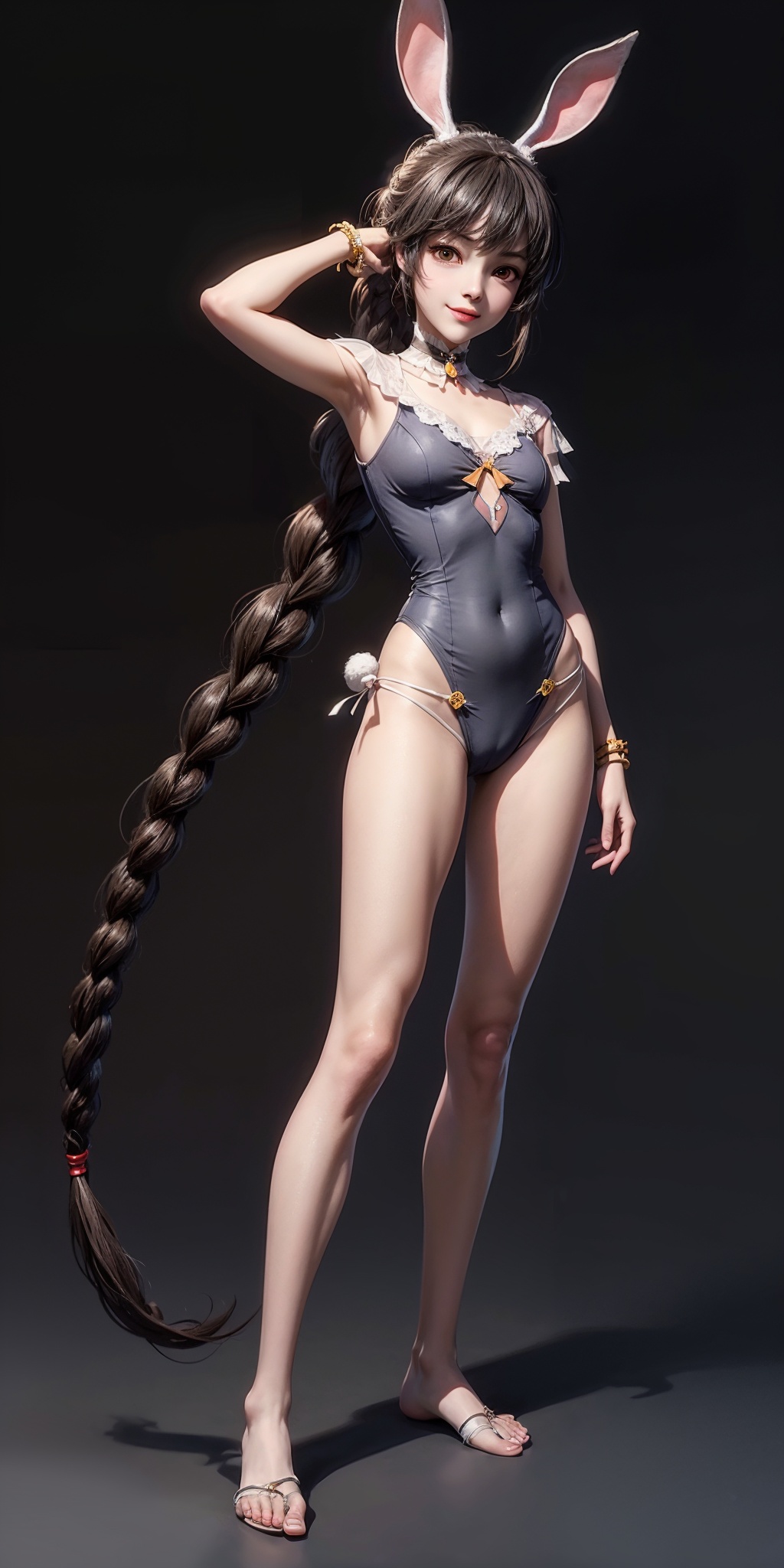 masterpiece,best quality,illustration,anime,simple gray background,full_body,(solo:1.2),stylish_pose,smile,xiaowu,1girl,long hair,braid,animal ears,rabbit ears,very long hair,brown hair,black hair,brown eyes,ponytail,choker,bare feet,<lora:xiaowu_20240306204015:0.7>,<lora:add_detail:1>,school_swimsuit,