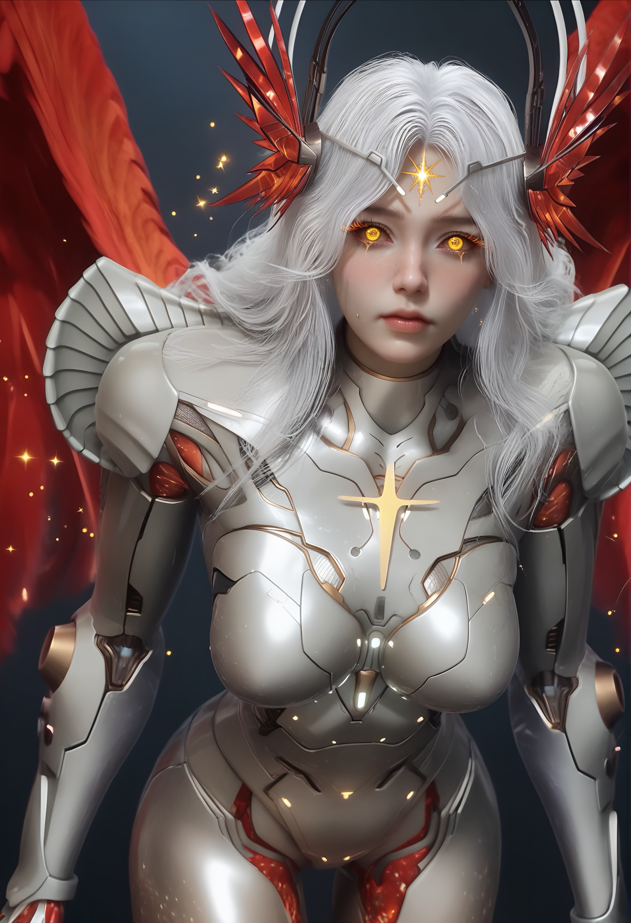 (score_9),cowboy shot,<lora:星幻王-apony:0.83>,mechanical angel,xinghuanwang,1girl,solo,ringed eyes,long eyelashes,freckles,hair ornament,long hair,white hair,glowing markings,glowing eyes,yellow eyes,golden,Metallic horn-like ornament,blending feathers and mechanical parts,power armor,shoulder armor,wings,feathered wings,red wings,joints,cybernetic leg,mature_female,BREAK<lora:Expressive_H-000001:0.8>,light blush,Expressiveh,ringed eyes,looking at viewer,front view,fair_skin,(pale skin),(sweaty_skin),ultra-detailed skin texture,detailed textures,<lora:皮肤凹痕:1.5>,<lora:RealisticSkinv1_ponyv6_loraplus:0.35>,real skin,BREAKsimple background,<lora:e色温:0.25>,sparkle,blurry background,4K ultra HD,sharp focus,high detail,high contrast,