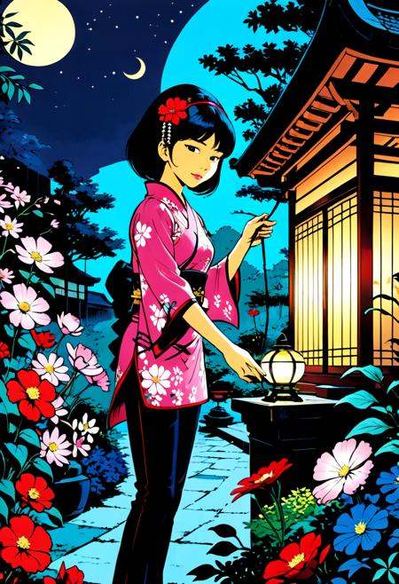 Yoko Tsuno ,  holding a shoji lamp in the night outside a japanese pavillon,  black and pink cheongsam on Tensor.Art