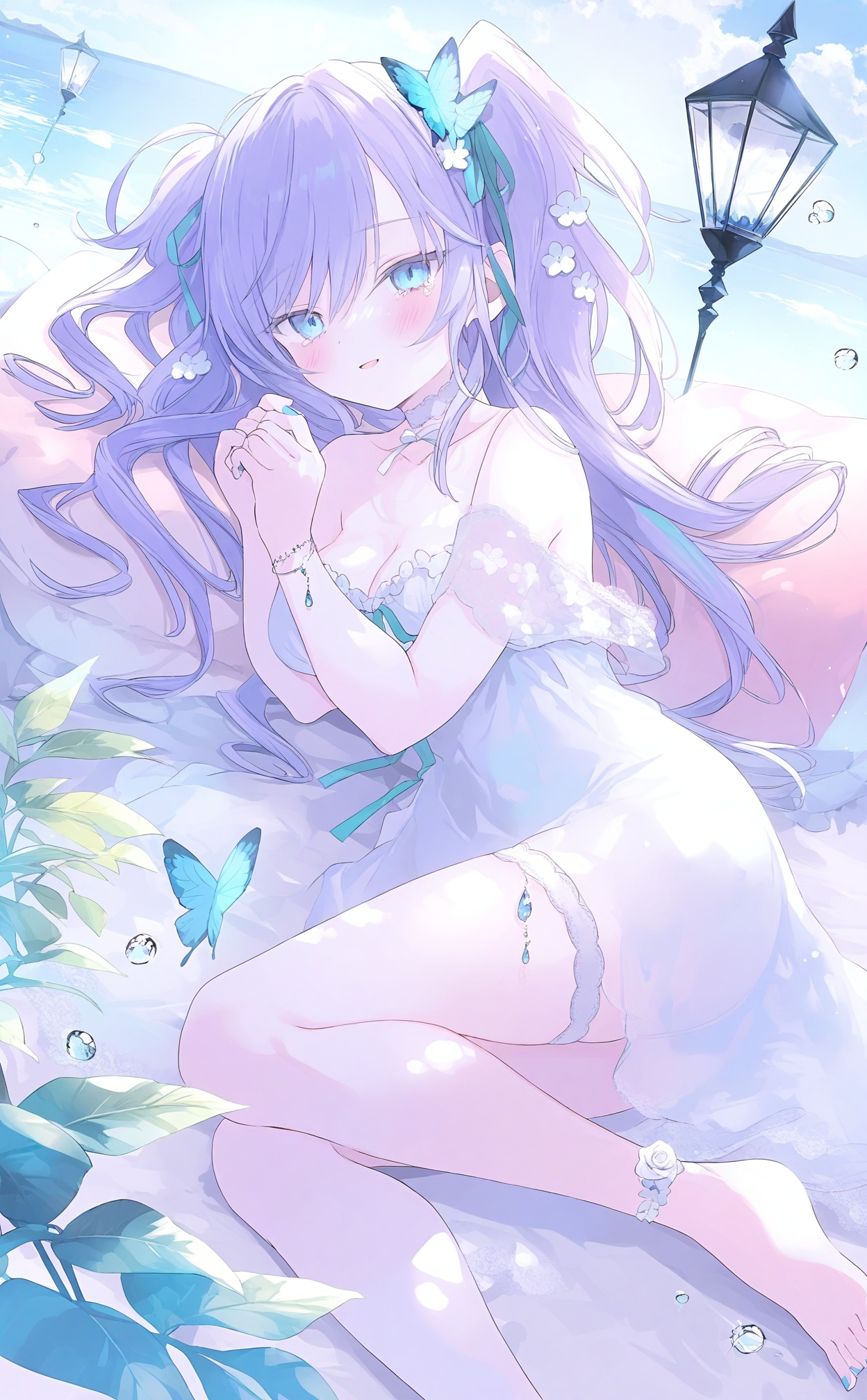masterpiece,absurdres,best quality,loli,petite,high quality,chromatic_aberration,//,best,1girl,butterfly,blue eyes,solo,flower,long hair,bug,looking at viewer,dress,blue hair,hair ornament,white flower,butterfly hair ornament,white dress,breasts,cleavage,on side,lying,parted lips,blue butterfly,rose,blush,jewelry,ribbon,sky,cloud,two side up,thigh strap,white rose,feet out of frame,collarbone,choker,bracelet,lace trim,bare shoulders,outdoors,blue nails,hair ribbon,nail polish,blue ribbon,plant,pillow,lace-trimmed dress,water,hair between eyes,hair flower,blue flower,medium breasts,blue sky,own hands together,day,lace choker,foot out of frame,lace,off-shoulder dress,lantern,cloudy sky,off shoulder,twintails,thighs,lace-trimmed choker,ocean,hands up,smile,light blue hair,aqua ribbon,barefoot,swept bangs,white butterfly,thighlet,fingernails,open mouth,see-through,very long hair,tears,white choker,sidelocks,water drop,purple hair,large breasts,anklet,leaf,blue rose,lamp,//,<lora:guimao2025.10.24——【noob】hans:1>,