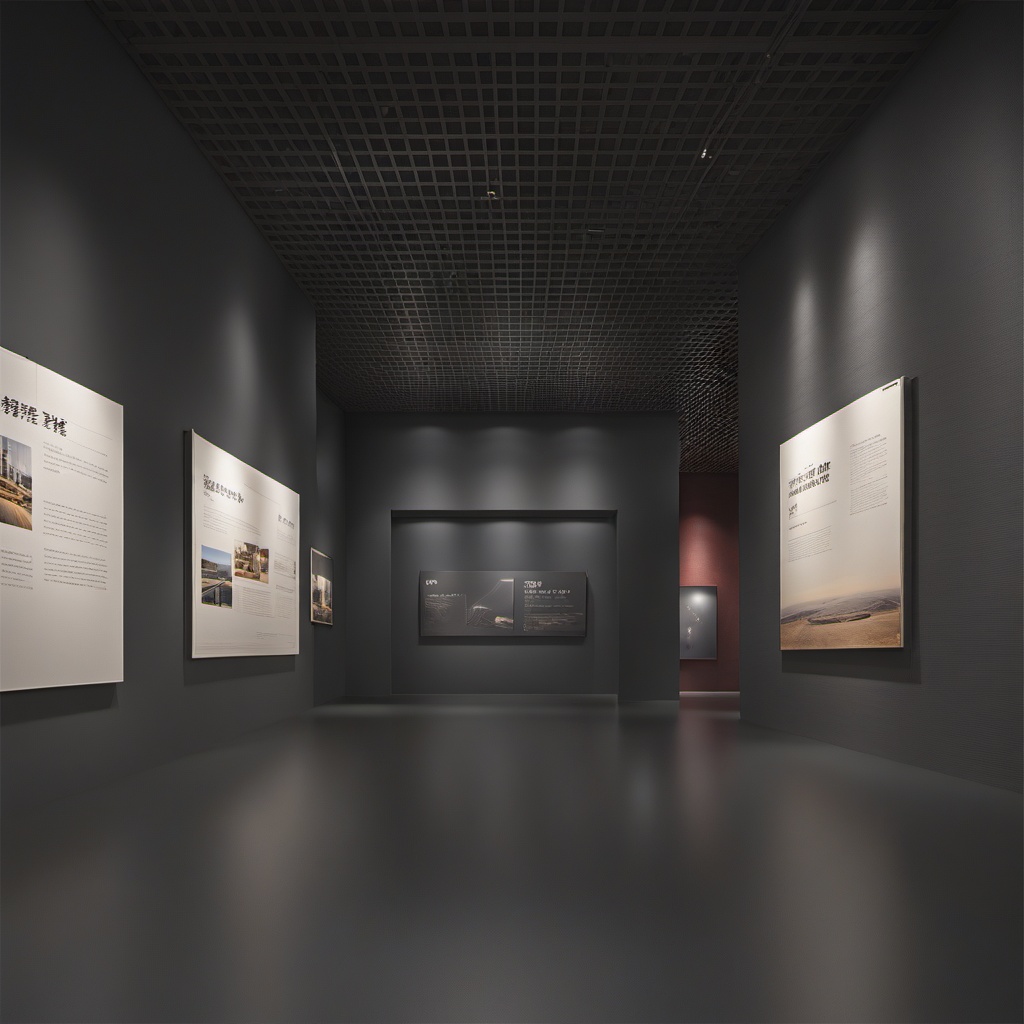 BOWUGUANkongjian,Grey metal mesh ceiling, dark wall, dark floor, square panels, dark space, masterpiece,High quality,4K,professional lighting,VRAY rendering<lora:BWG (8):0.8>