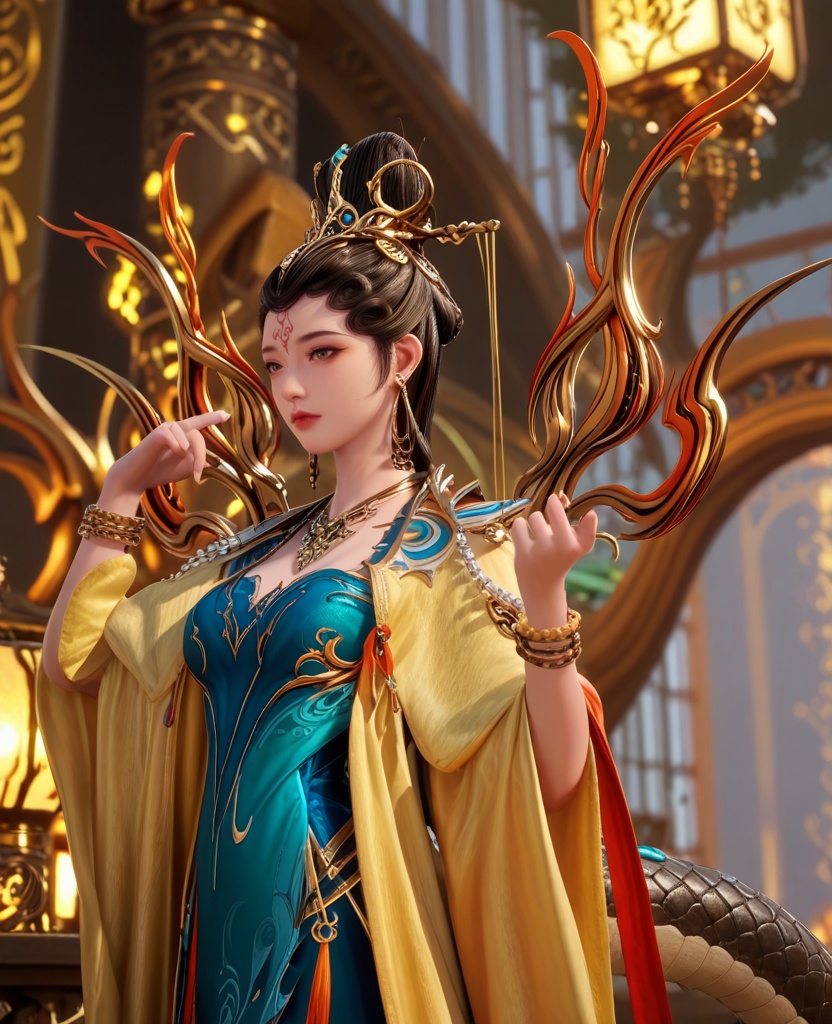(oriental architecture, elegant decor, sophisticated style:1.1),(leaning against the wall:1.1),(breasts:1.2),<lora:XL师兄啊女娲圣人:0.95>,miss nuwa,snake tail,jewelry,earrings,forehead mark,bracelet,chinese clothes,blue dress,shawl sleeves,brown eyes,hair bun,necklace,, score_9,score_8_up,score_7_up,score_6_up,score_5_up,score_4_up,3d rendering,tag1,tag2, Cinematic Lighting,backlighting,