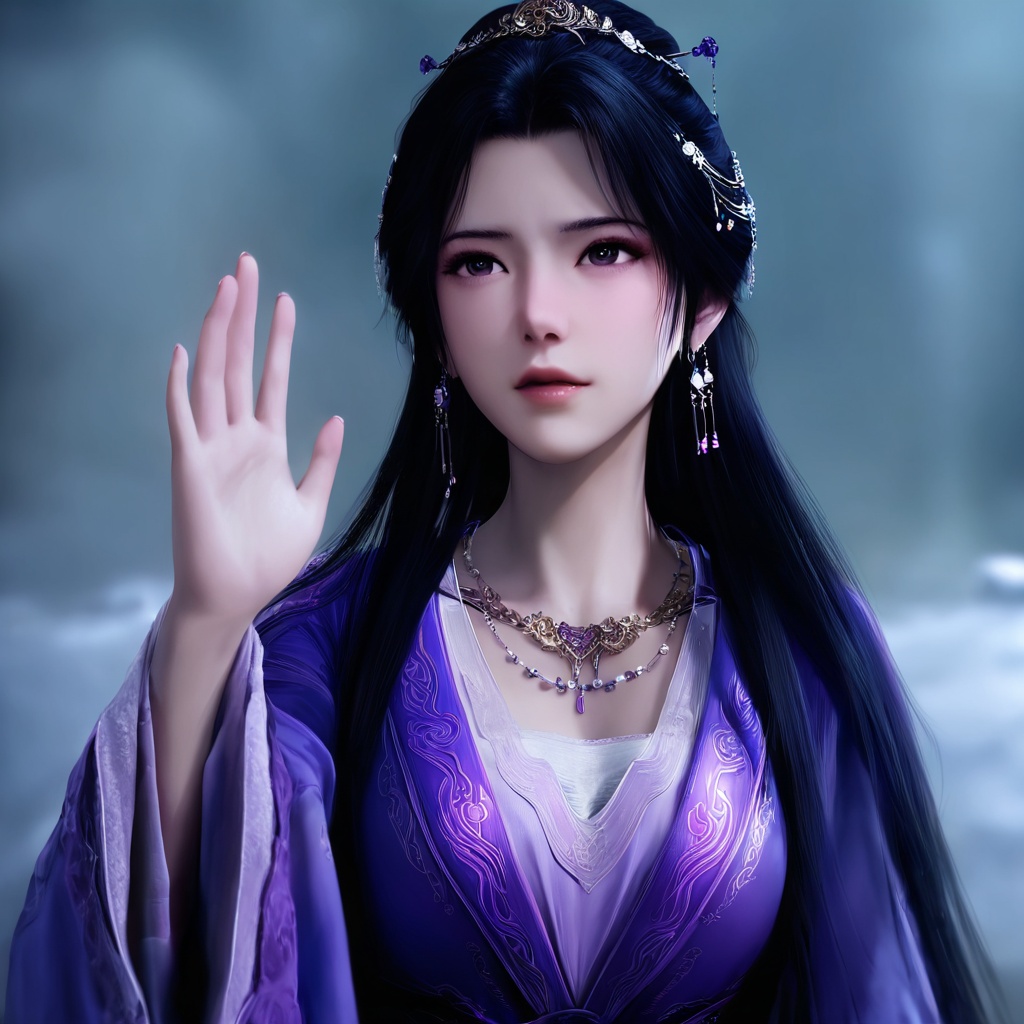 guoman,masterpiece,best quality,cinematic,detail eyes,(realistic:2),(ultra-detailed),perfect composition,intricate details,absurdres,detailed face,high quality,high res,8K,1girl,long hair,black hair,hair ornament,long sleeves,dress,jewelry,earrings,parted lips,necklace,chinese clothes,purple dress,