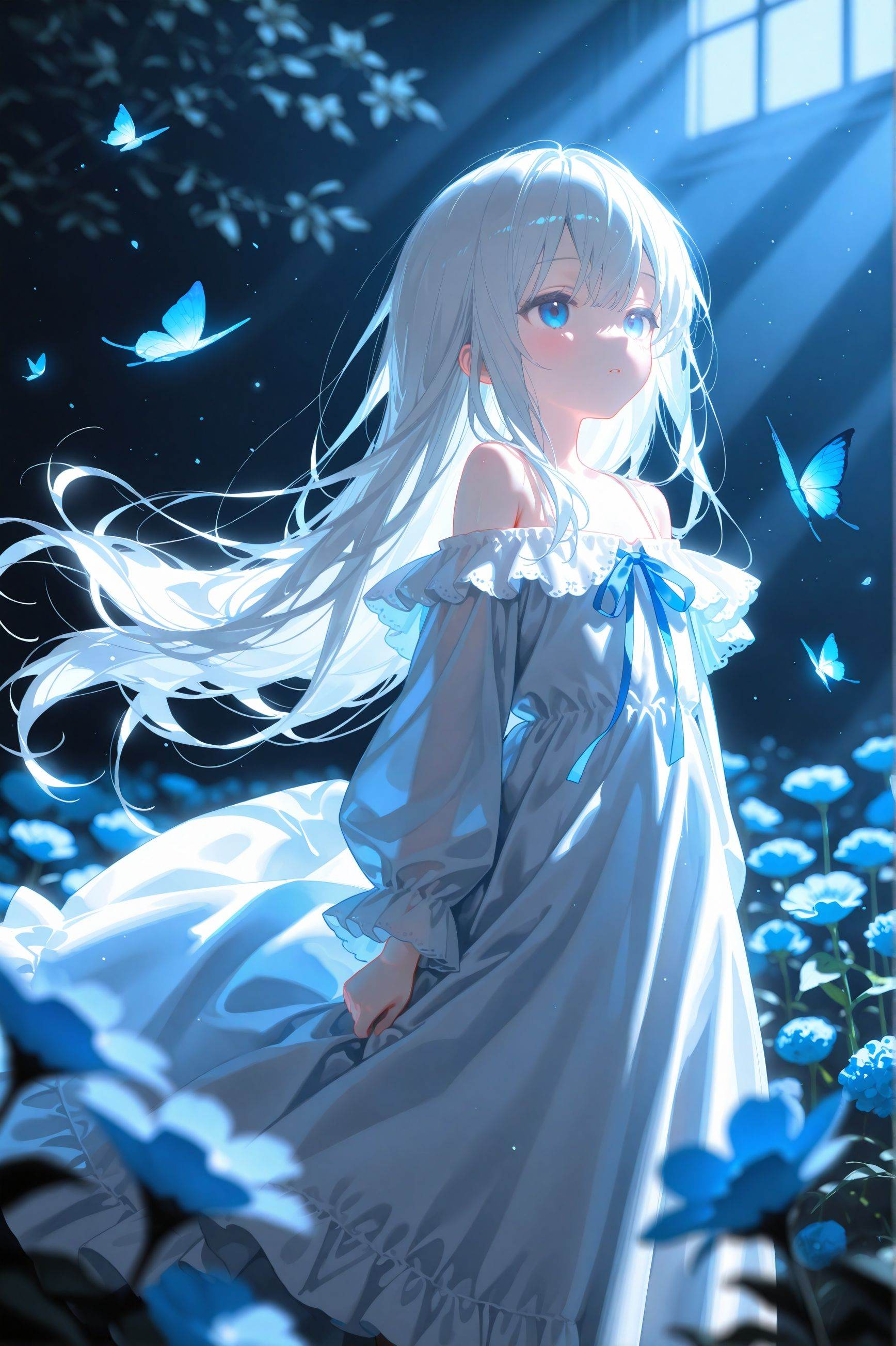 masterpiece,best quality,high quality,loli,chromatic_aberration,Blue Theme, //loli,night,gothic,long dress,1 girl,solo,long white hair,blue eyes,detailed eyes,blink and youll miss it detail,butterfly,flower garden,high quality,floral background,very detailed,off shoulder,//, official art,depth of field,detailed light,blurry background,cinematic lighting,ray tracing, ultra detailed,god rays,backlighting,photo background,film grain,chromatic aberration,volumetric lighting,depth of field,blurry background,shiny skin,floating hair,cinematic lighting,day,very aesthetic