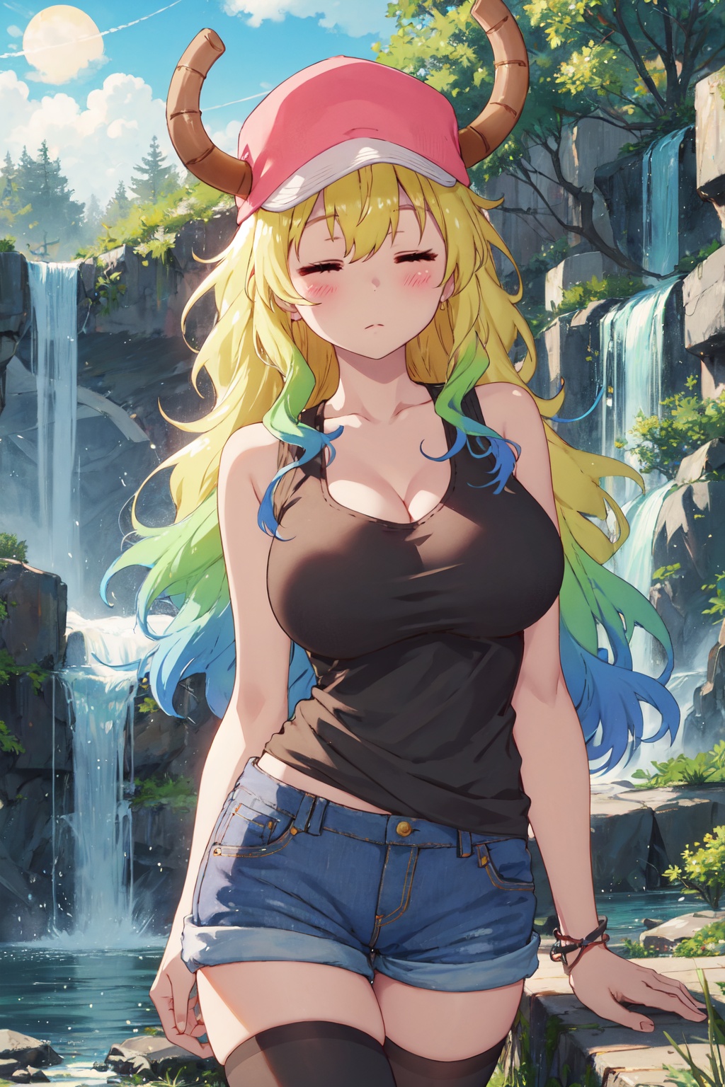 <lora:Quetzalcoatl-000019:0.8>,Lcoa CYQL,1girl,looking at viewer,solo,dragon girl,long hair,blonde hair,green hair,multicolored hair,gradient hair,horns through headwear,dragon horns,hat,pink headwear,closed eyes,**** top,black **** top,breasts,large breasts,cleavage,shorts,denim shorts,thighhighs,black thighhighs,denim,blue shorts,evil smile,upper_body,Plunging down, the waterfall often forms a brilliant rainbow arch under the sun's rays, with water droplets spraying and thunderous sounds echoing amidst lush greenery,(Maple trees, Pumpkin patches, Fall foliage, Crisp air, Harvest time, New England landscape:0.5),beautiful detailed sky,beautiful detailed glow,posing in front of a colorful and dynamic background,masterpiece,best quality,beautiful and aesthetic,contrapposto,female focus,wallpaper,