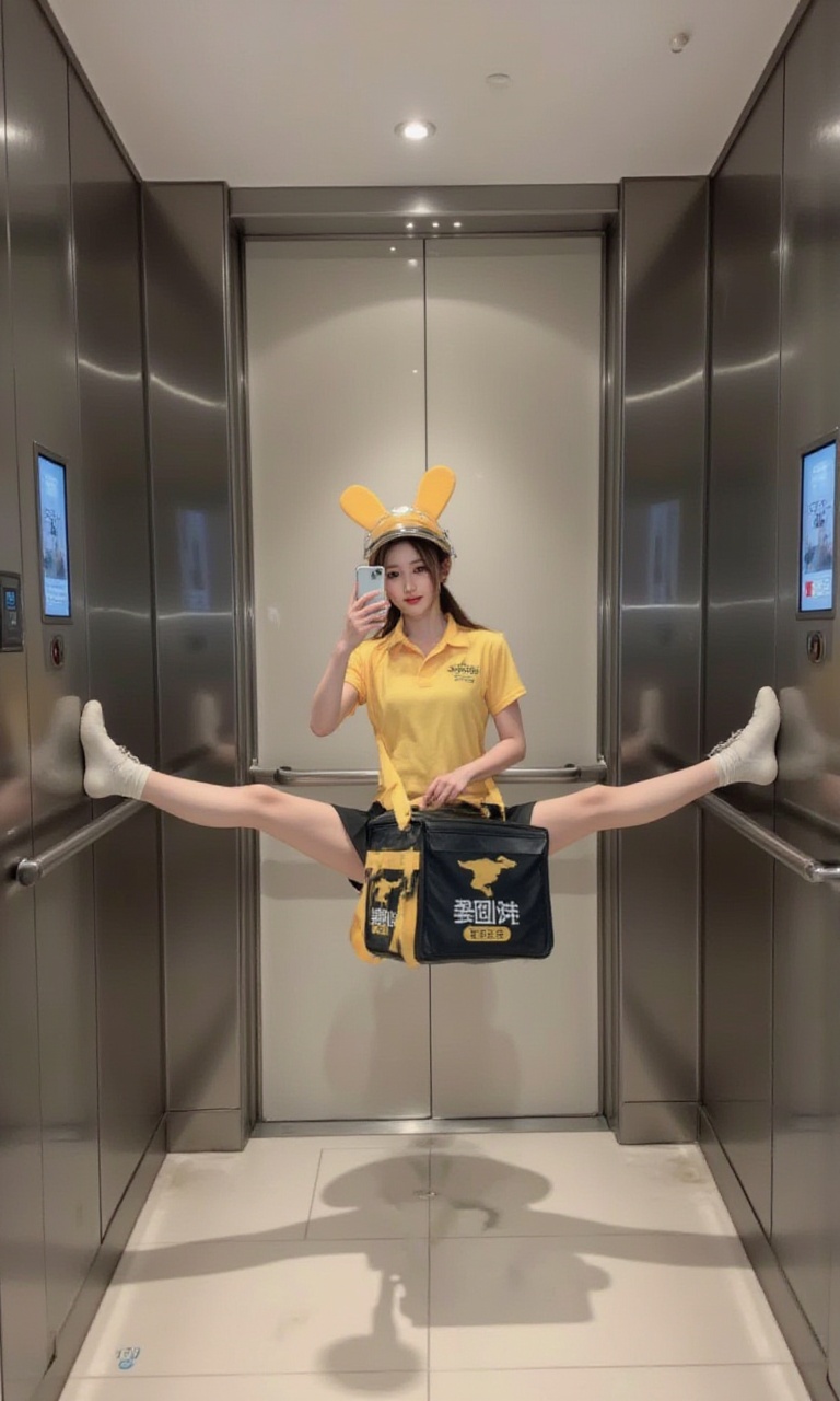 Delivery Girl,Side Splits,A young girl delivering takeout is taking a selfie with her phone in the elevator. Her legs are 180 degrees apart in a straight line,with her feet on both sides of the elevator and her body suspended in the elevator. This is a highly difficult movement. She is also carrying a large takeout bag on her back.,