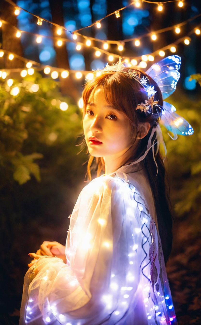 mugglelight,a Korean girl in a fairy costume surrounded by twinkling lights in a woodland setting,1girl,solo,fairy costume,woods,fantasy,magical,enchanting,dreamy,(close-up:1.4),(portrait:1.6),