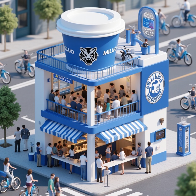 mlmnjd, Photorealistic CGI of a modern, multi-story cafĂ© named "Miluo" with a blue and white theme, featuring a large blue cup with a tiger logo. Inside, a diverse crowd of people sits at small tables, enjoying coffee. The exterior has a blue awning and a bike rack with several bikes. The background shows a busy street with more bikes.<lora:迷你街道-L1.04:0.8>