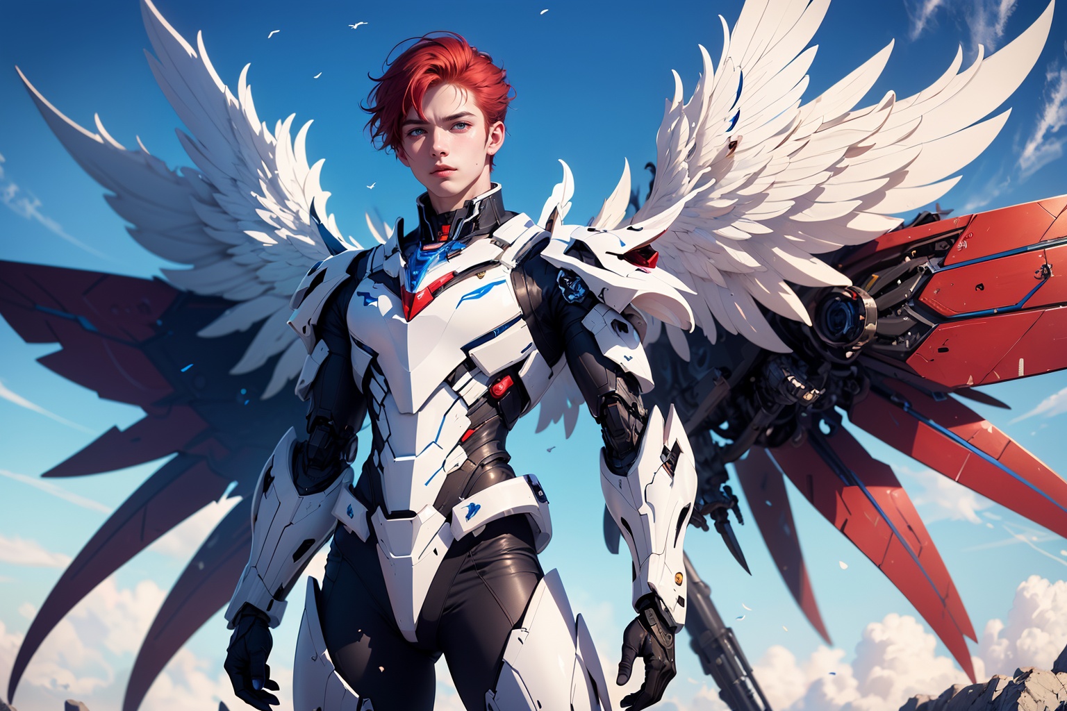 1boy,concept artwork,red hair,(a lonely solo boy:1.4),sky,wing,wings with fans,graphics card fan,strong male mecha warrior,mighty and domineering,cool mecha,32k,blue and white color scheme,white armor,white_background,standing,cowboy_shot,<lora:atai_v1s:0.8>,