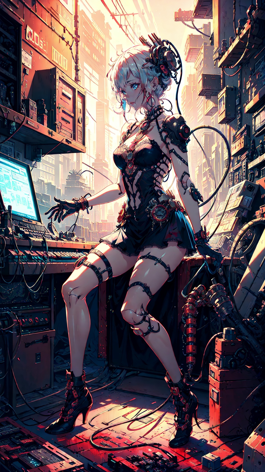 tutututu, breasts, medium breasts, see-through, underwear, lingerie, skirt,(masterpiece, top quality, best quality, official art, beautiful and aesthetic:1.3), (1girl:1.3), extreme detailed,colorful,highest detailed,((ultra-detailed)), (highly detailed CG illustration), ((an extremely delicate and beautiful)),cinematic light,((1mechanical girl)),solo,full body,(steampunk),(machine made joints:1.2),(mechanical limbs),(blood vessels connected to tubes),((mechanical cervial attaching to neck)),(sitting),expressionless,wires and cables attaching to neck,wires and cables on head,,science fiction,mechanical city, active pose, <lora:tutucs_v1:0.85>