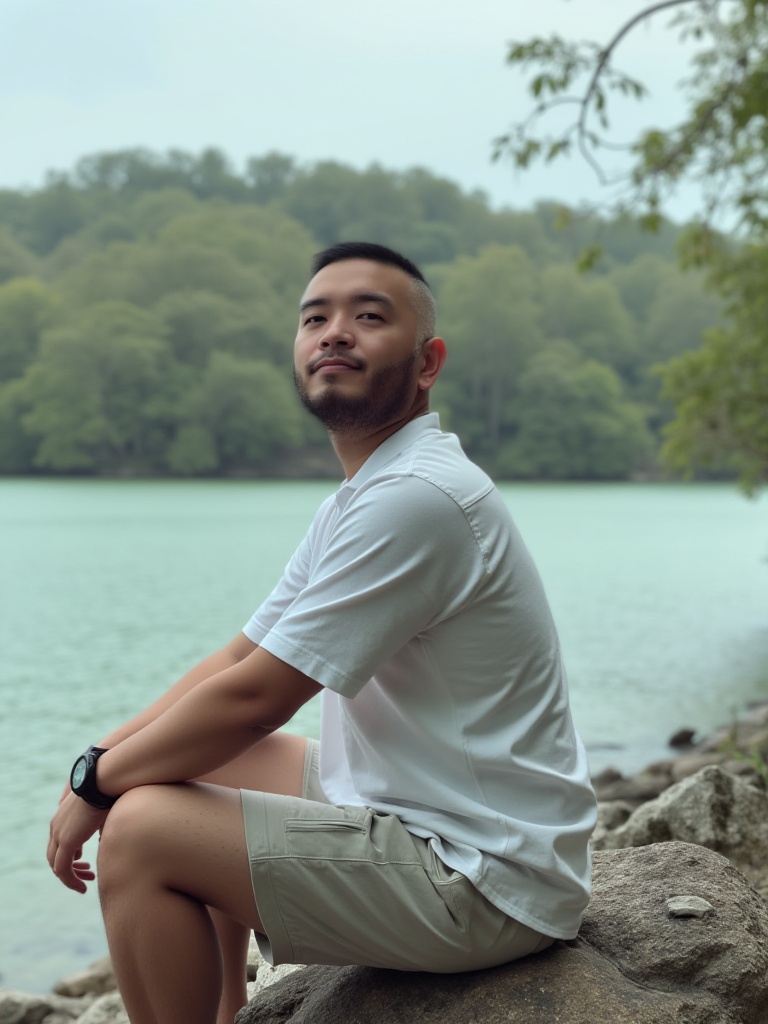 CNBeardModel,A serene moment by a tranquil lake, with nature's beauty in full view.