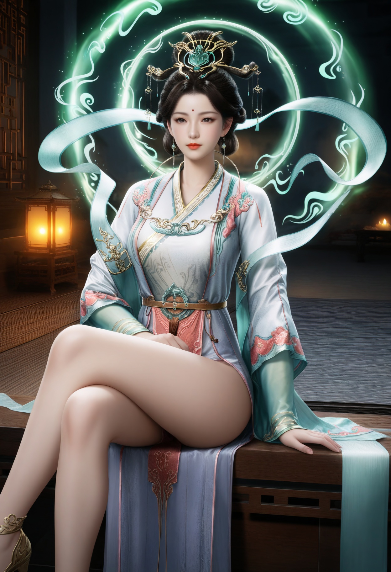 masterpiece,best quality,amazing quality,very aesthetic,high resolution,ultra-detailed,absurdres,scenery,photorealistic,(looking at viewer:1.1),upper body,(Dark room:1.3),(moody lighting:1.1),peach blossom,falling petals,(large breasts:0.8),xiwangmu,1girl,solo,black hair,hair ornament,jewelry,earrings,chinese clothes,forehead mark,light particles,swirling aura,realistic,hair bun,shawl,hanfu,red lips,long sleeves,closed mouth,high heels,sitting,(crossed legs:1.3) BREAK photorealistic details,<lora:QQSillxiwangmuV1:0.8>,