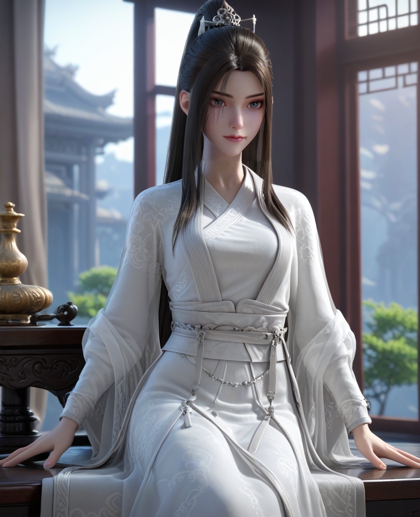 (oriental architecture, elegant decor, sophisticated style:1.1),(Gazing over a raised shoulder, a hint of a smile on her lips, she emanates coyness and playful allure:1.1),(breasts:1.2),<lora:XL16永生方清雪:0.95>,miss fangqingxue,see-through overdress with embroidery,white chinese clothes,black hair,half-up ponytail with long cascading hai,very long hair,wide flowing sleeves,sash,white hagoromo,, score_9,score_8_up,score_7_up,score_6_up,score_5_up,score_4_up,3d rendering,tag1,tag2, Cinematic Lighting,backlighting,
