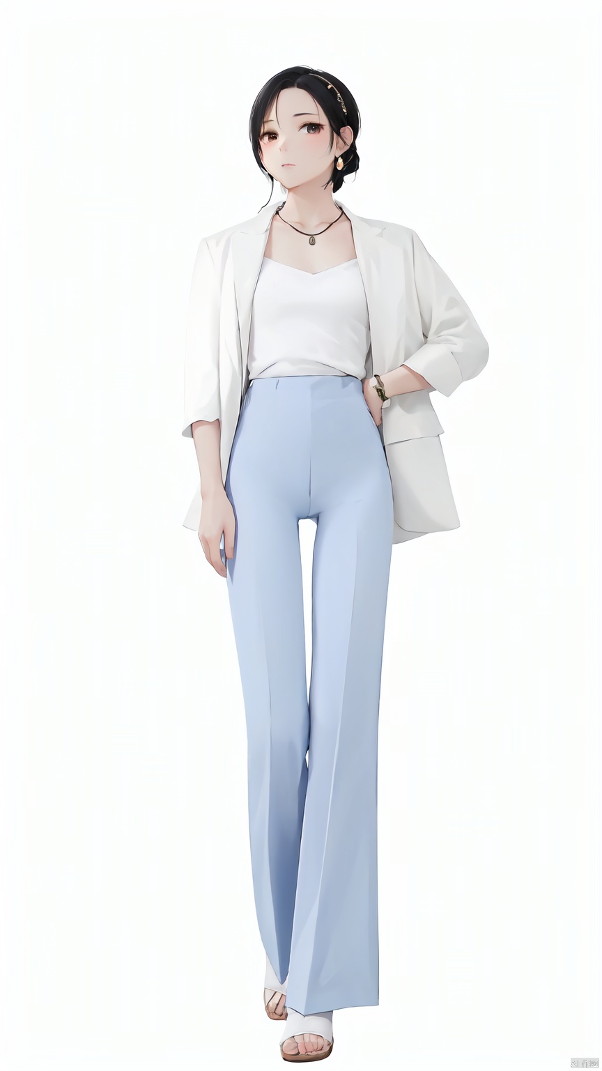 1girl, solo, looking at viewer, shirt, black hair, white background, jewelry, standing, jacket, full body, white shirt, pants, necklace, bag, sandals, white jacket, blue pants, high-waist pants——Clear hand contour,Hand intact,Five fingers of the hand are clear, loli, ((poakl))