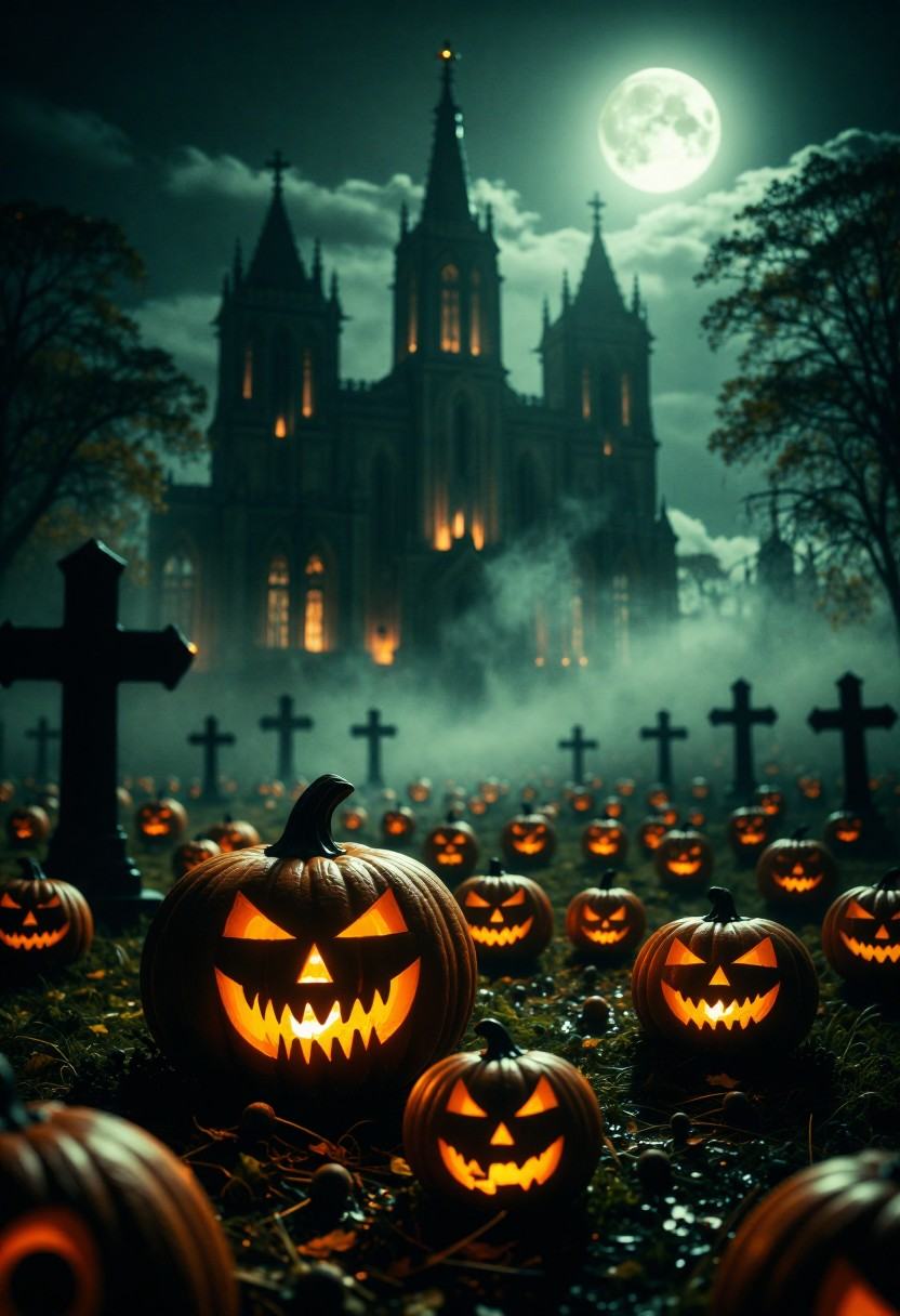 tot_halloween,  a dark eerie cemetery at night,  carved glowing jack-o'-lantern pumpkins on the ground on Tensor.Art