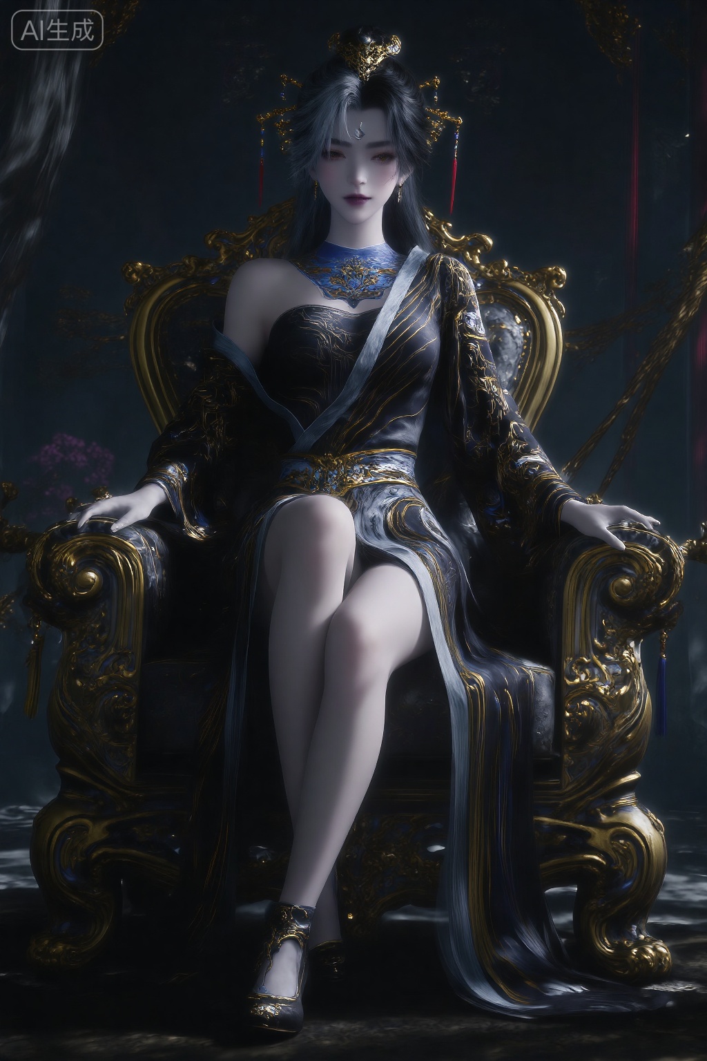 A highly detailed CGI image of a beautiful Asian woman with pale skin and long black hair,styled with a white streak and adorned with gold hairpins. She wears an elegant,ornate black and silver dress with a high slit,revealing her thigh.,wearing black high heels, She sits on a luxurious golden throne,her legs crossed at the ankles and one leg hanging down. Her left arm rests on the armrest,while her right hand gently holds her chin. Her posture is elegant and poised,exuding confidence and grace. The scene is illuminated by dramatic lighting that highlights the gold accents of her attire and the intricate details of the throne. Soft shadows enhance the textures of the fabric and the surrounding ornate room,creating a luxurious and mystical atmosphere,, best quality,ultimate aesthetics,masterpiece,emotional masterpiece,extraordinary above all,mastery of details,, Negative prompt: ng_deepnegative_v1_75t,(badhandv4:1.2),EasyNegative,(worst quality:2),,nsfw, Steps: 30, Sampler: DPM++ 2M, CFG scale: 3.5, Seed: 223743382, Size: 1024x1536, Model hash: 062dad72b2, Model: 麦橘超然majicFlus_v1.safetensors, Denoising strength: 0, RNG: CPU, Lora 1: 20250904-1756986734983-0010, Lora Hash 1: 1d768e946d, Lora Weight 1: 1.2, Lora 2: 《墨染冥照》|古风插画|唯美意境画风系列, Lora Hash 2: 0c05ef6259, Lora Weight 2: 0.6, vae_name: automatic
