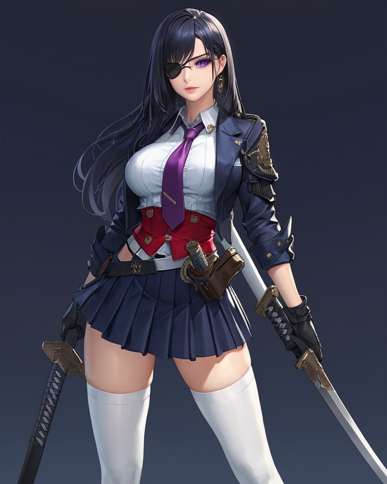 (best quality), ((masterpiece)), (highres), illustration, original, extremely detailed, <lora:CG ARTⅡ_XL:0.7> 1girl, solo, weapon, thighhighs, long hair, black hair, skirt, sword, gloves, necktie, eyepatch, looking at viewer, gun, white thighhighs, katana, holding, breasts, black gloves, pleated skirt, uniform, sheath, holster, holding weapon, purple eyes