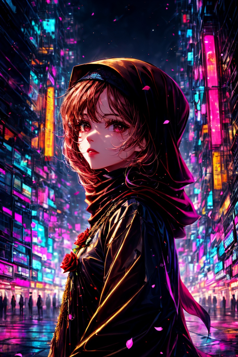 In a dystopian cyberpunk metropolis, a lone figure of a woman clad in a traditional Muslim abaya stands out against a backdrop of neon-lit skyscrapers and holographic advertisements. Soft, golden lighting wraps around her, highlighting the intricate folds of the fabric and the delicate features of her face. She confidently holds a vibrant red rose, its velvety petals glowing with an inner radiance as she surveys the desolate cityscape. The subject's serene expression is juxtaposed against the bleak surroundings, drawing the viewer's gaze towards her striking figure.<lora:EMS-50097-EMS:0.800000>, <lora:EMS-179-EMS:0.800000>, <lora:EMS-385092-EMS:0.700000>