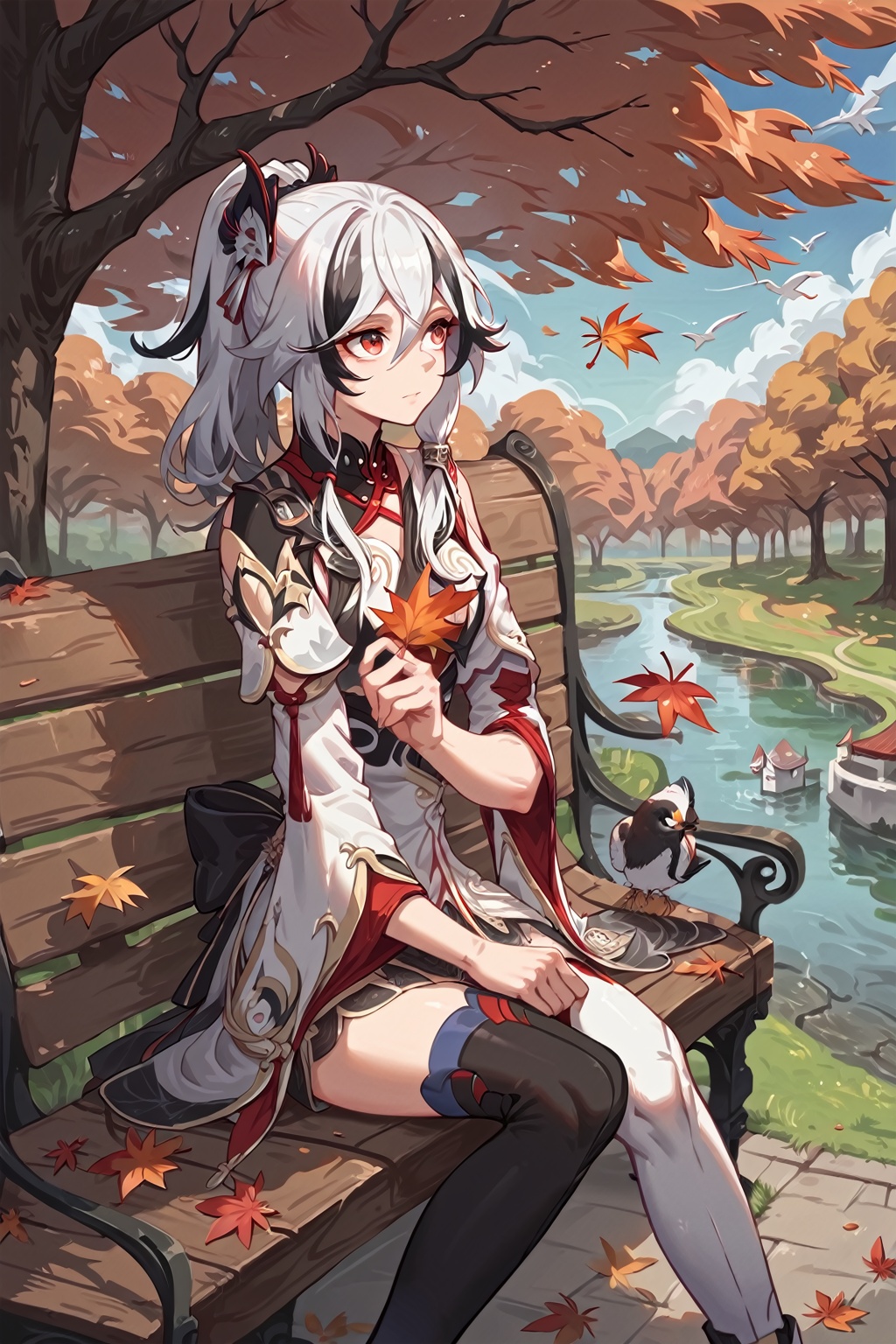 score_9, score_8_up, score_7_up, solo, 1girl, Fu Hua(CoT), hair accessory, hair between eyes, ponytail, taoist robe, asymmetrical thighhighs, outdoors, park, lake, bird, autumn, autumn leaves, tree, bench, sitting, upper body,  <lora:CoT_v1.3_PONY:0.85>,  <lora:Concept Art Eclipse Style LoRA_Pony XL v6:0.7>, 