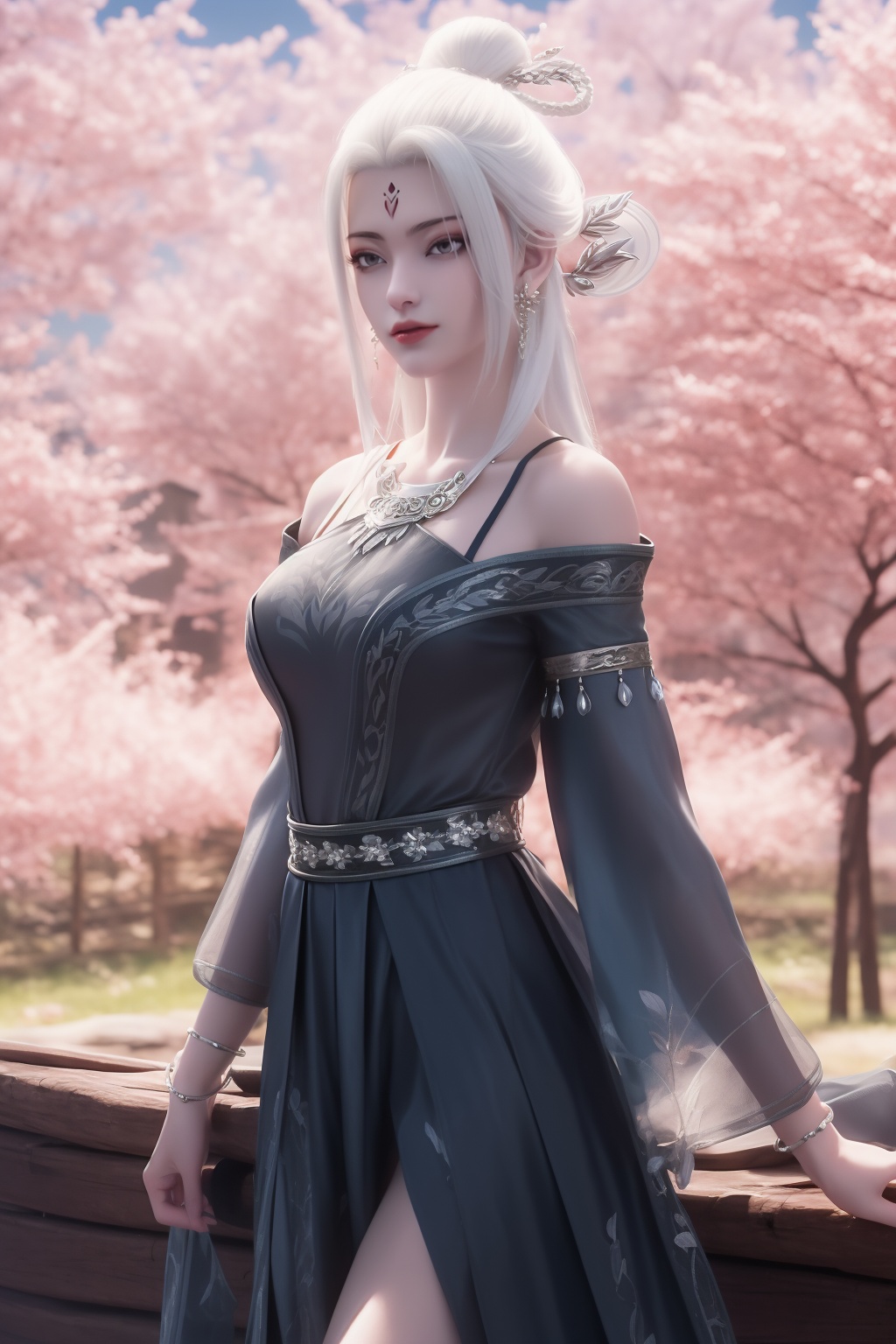photo_\(medium\),(8k, RAW photo, best_quality),(masterpiece:1.2),(realistic:1.2),(photorealistic:1.3),(ultra-detailed),(extremely_detailed_cg_8k_wallpaper),(crystal_texture_skin:1.3),(shiny:1.2),(shiny_skin:1.4),(extremely_delicate_and_beautiful),petals,flower,sky,cherry blossoms,falling petals,fair skin,landscape,full_shot,shenfengXiaoBaiSecondClothing,1girl,solo,dress,detached sleeves,white hair,standing,arms at sides,torogao,breasts,hair bun,chinese clothes,jewelry,hair ornament,earring,realistic,looking at viewer,<lora:shenfengXiaoBaiSecondClothing_20240804163414-000004:0.7>,