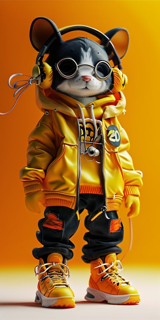 <lora:3D_model-00000:1>,HDR,UHD,8K,Highly detailed,best quality,masterpiece,3D,hood,no humans,solo,shoes,hoodie,orange footwear,pants,jacket,orange jacket,headphones,standing,drawstring,sneakers,animal ears,1other,full body,simple background,whiskers,round eyewear,yellow background,holding,orange background,glasses,cable,furry,