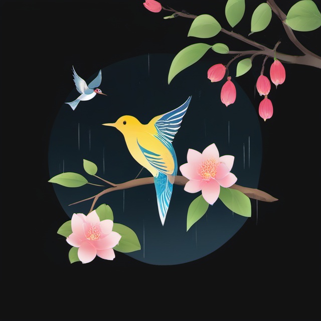 the 24 traditional chinese solar terms\(rain water\), flat, black background, simple background, flower, no humans, bird, animal, leaf, pink flower, fish, branch, animal focus,<lora:lbc_Rain Water_XL-ts:1>,