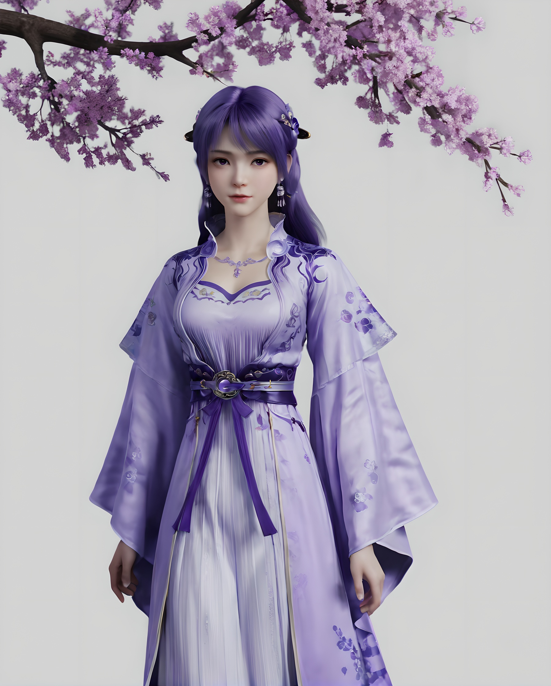 <lora:SF_JiZiYueSecondClothes_Pony_Realism-000003:0.7>,1girl,solo,flower,bangs,purple dress,purple clothes,hair ornament,standing,looking at viewer,branch,purple hair,long hair,white background,falling petals,arms at sides,