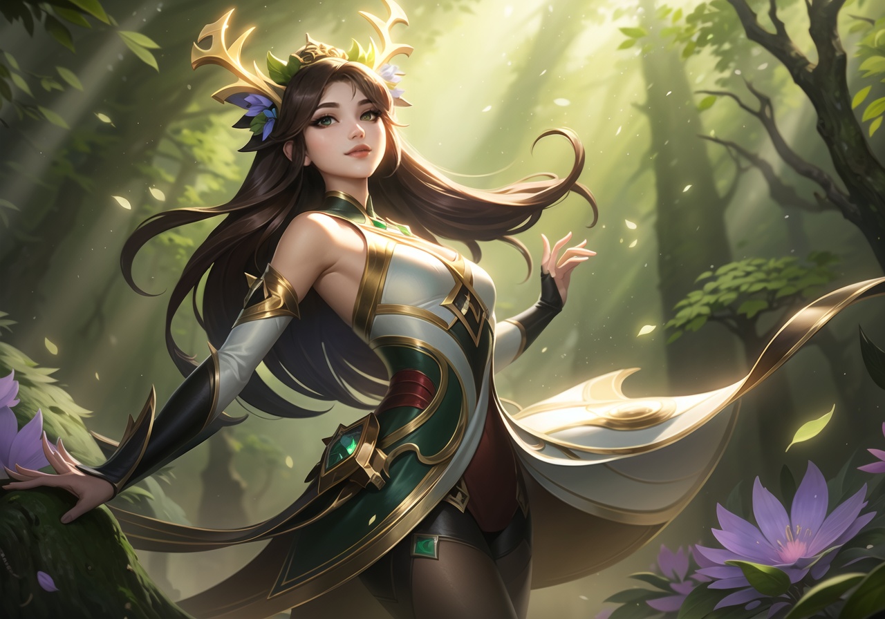 masterpiece, best quality,top quality,(wide shot:0.95),Dynamic angle,1 girl,solo,antlers,league of legends,looking at viewer,brown hair,long hair,green theme,flower,(forest in background:1.2),sunshine,depth_of_field,particle effects,<lora:【moba】lol淘宝款:0.8>,