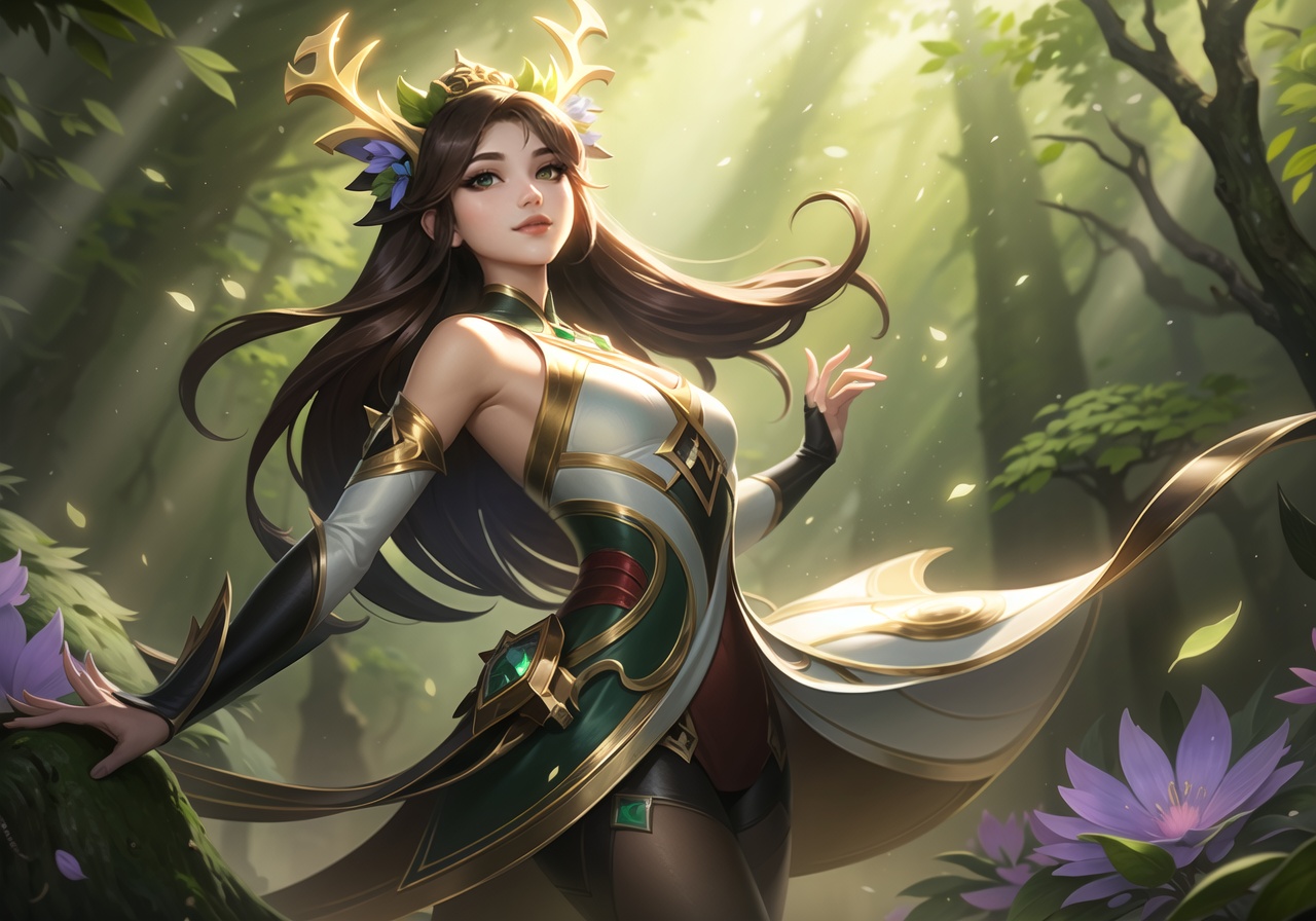 masterpiece, best quality,top quality,(wide shot:0.95),Dynamic angle,1 girl,solo,antlers,league of legends,looking at viewer,brown hair,long hair,green theme,flower,(forest in background:1.2),sunshine,depth_of_field,particle effects,<lora:【moba】lol淘宝款:0.8>,