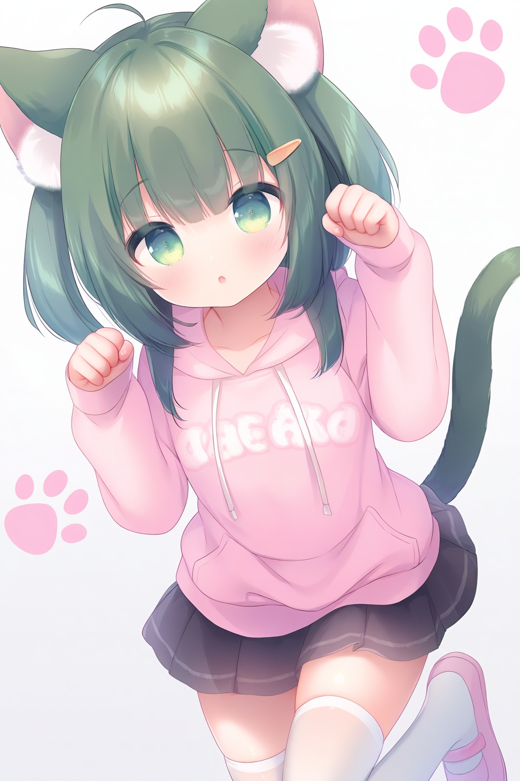 <lora:nts_style_v6:1>,high resolution,aesthetic,excellent,medium resolution,1girl,solo,green hair,green eyes,animal ears,cat ears,tail,cat tail,ahoge,blush,open mouth,hoodie,pink hoodie,long sleeves,clothes writing,text,skirt,pleated skirt,black skirt,thighhighs,white thighhighs,zettai ryouiki,hair ornament,hair clip,paw pose,cat pose,hands up,clenched hands,looking at viewer,simple background,white background,paw print,thigh up,