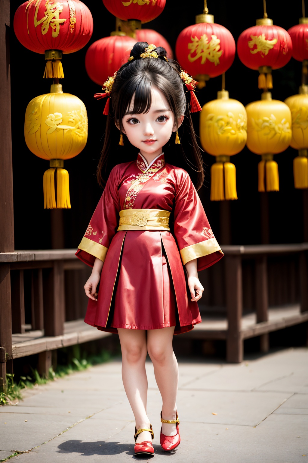 <lora:ChineseNewYear:0.8>, chinese new year, girl, (smirk:-0.4), long hair, arms at sides, red chinese clothes, paper lantern, full body, red leather shoes,