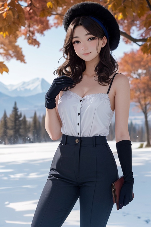 (masterpiece,best quality:1.5),ultra realistic,32k,RAW photo,(high detailed skin:1.2), 8k uhd, dslr, soft lighting, high quality, film grain,soft light ,(),🍁,🐚, lady,( dark indigo Pair a silk camisole with high-waisted trousers:1.1),long hair, (streaked hair Side-swept curls ,fur hat), in the Mountain,medium  breast,winter day,(❄️),blue sky,(gloves),[🇬🇧:🇰🇷:0.5],,smile