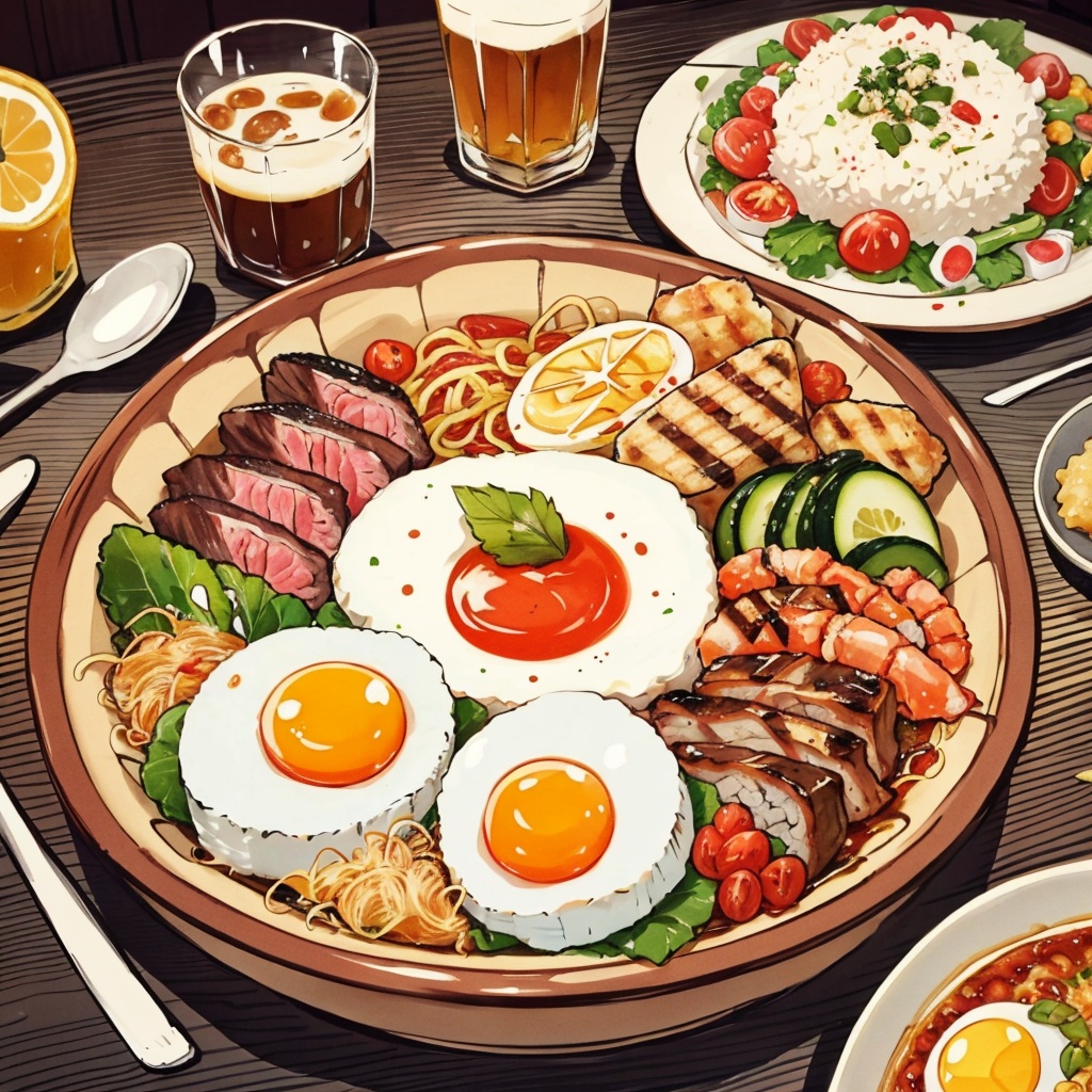 Alcohol, bamboo steamer, beer cup, bowl, cheese, chicken (food), chopsticks, clock, cross section, cucumber, cup, curry, curry rice, food, drinking water glass, dumplings, eat, eggs, food, food focus, fork, fried egg, glass, grill, holding chopsticks, holding a knife, hungry, ice, knife, lemon, lemon slice, lettuce, meat, cup, napkin, nobody, noodles, fried Chicken rolls, omirice, onion, Spaghetti, photo (middle), pie, pizza, plate, Lamian Noodles, reality, restaurant, rice, rice bowl, salad, sausage, seaweed, shrimp, string, soup, spaghetti, spoon, onion, steak, steam, still life, sushi, table, cornmeal, tea, tempura, toast, tomato, tray, vegetables, wooden table, masterpiece, best quality,