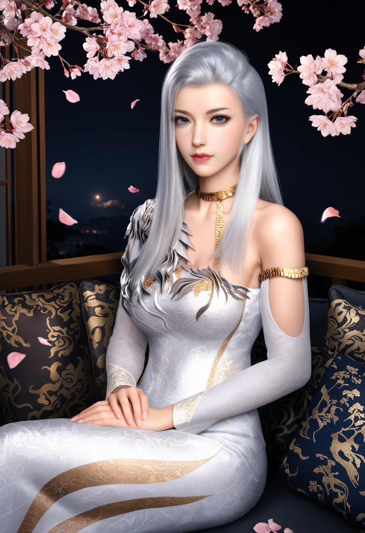 masterpiece,best quality,amazing quality,very aesthetic,high resolution,ultra-detailed,absurdres,scenery,photorealistic,(looking at viewer:1.1),(Dark room:1.3),(moody lighting:1.1),peach blossom,falling petals,(large breasts:0.8),hexi,1girl,solo,long hair,silver hair,realistic,lips,blue eyes,dress,makeup,closed mouth,flower,white dress,jewelry,choker,eyelashes,high heels,sitting BREAK photorealistic details,<lora:QQSillhexiV1:0.8>,